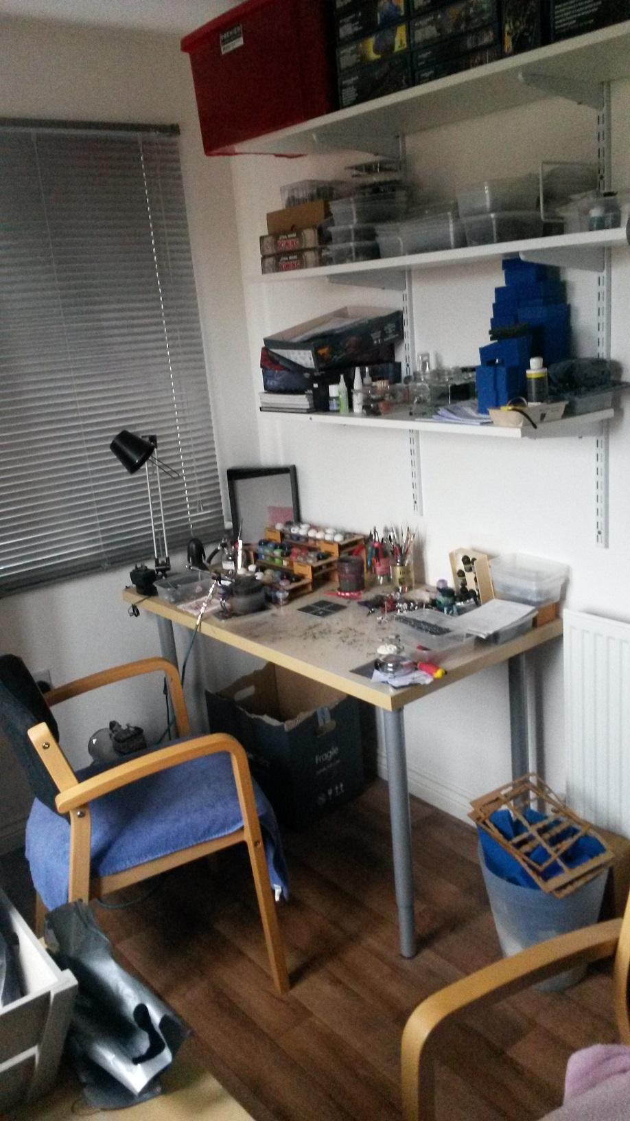 Airbrush, Paints, Shelves, Sprues, Workspace