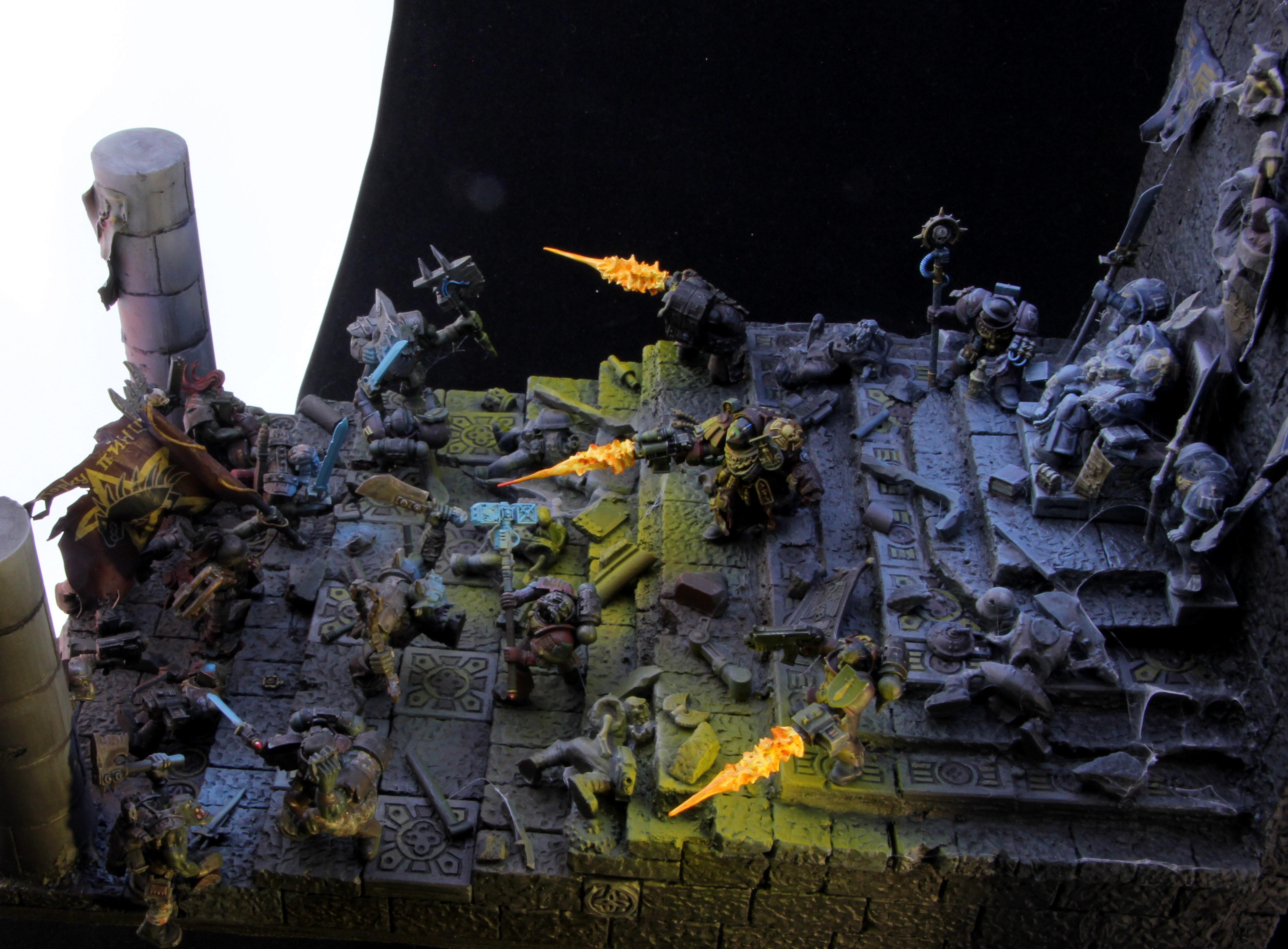 Diorama, Object Source Lighting, Orks, Ruins, Space Marines, Temple
