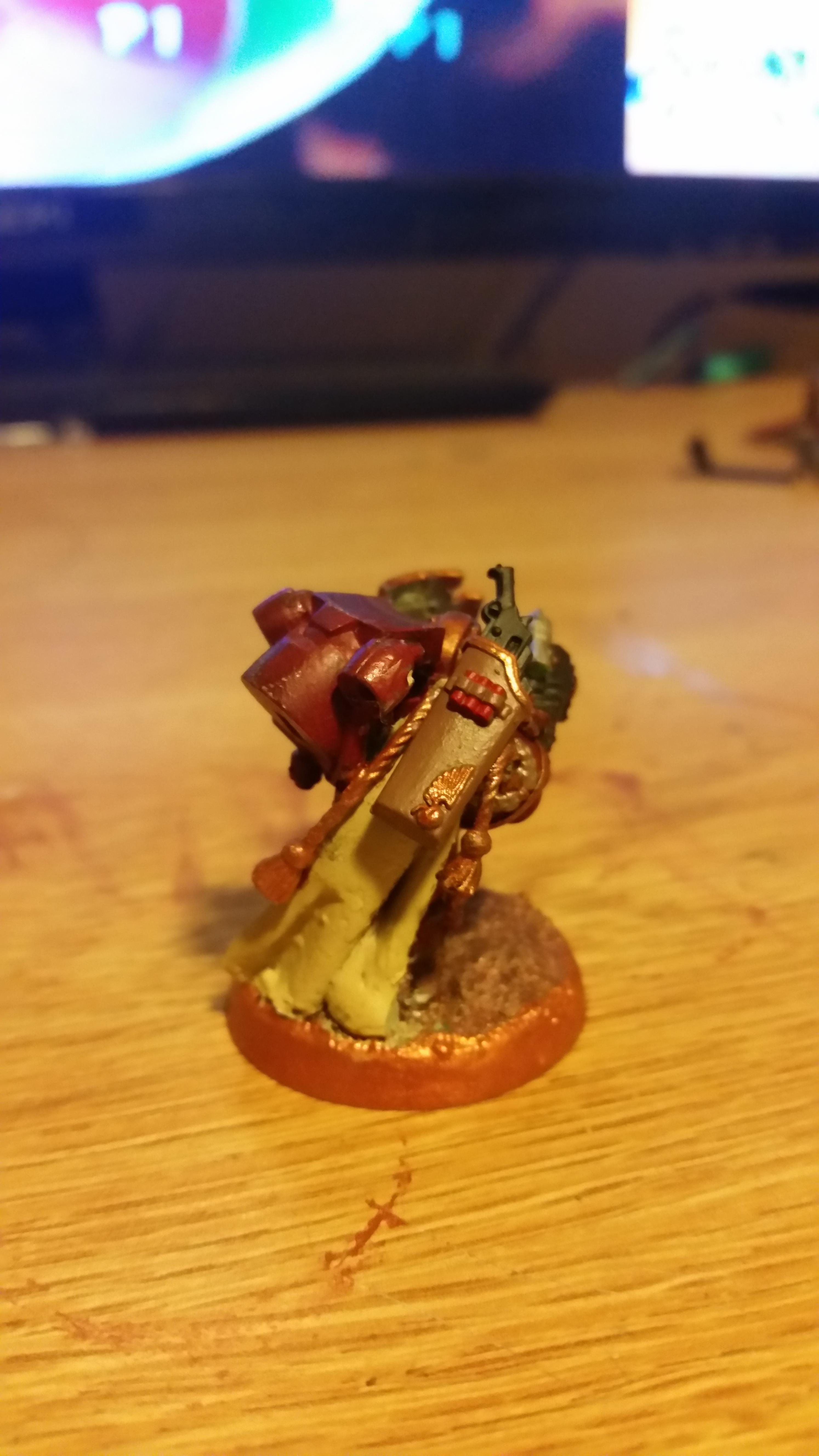 A veteran from my Command Squad all kitted out. I want to give my models a feel like they'really prepare for everything. Also shows off some green stuff work in the for of a shoulder cape. I think it looks okay