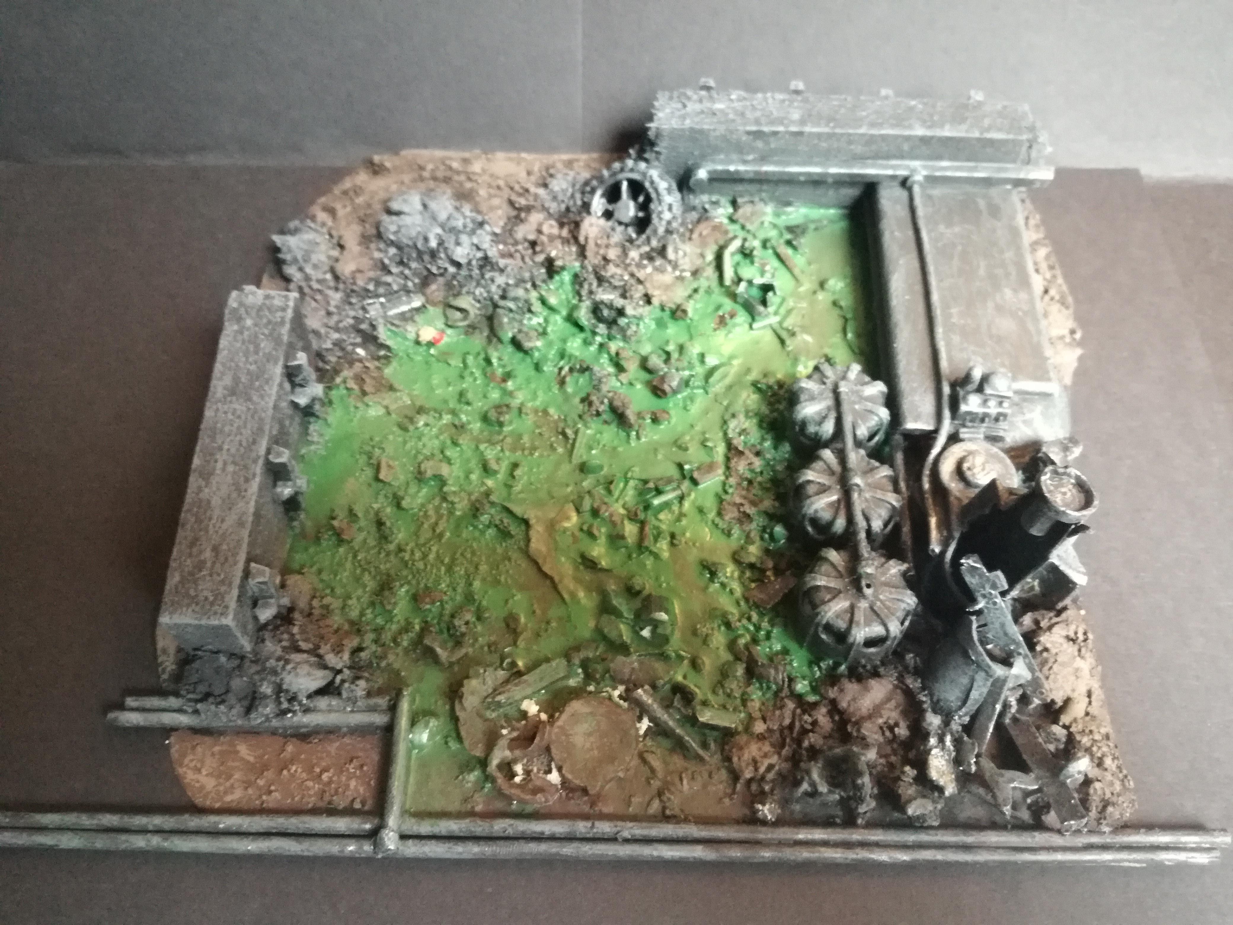 40K Underhive junk-built terrain Toxic Lake WIP painted