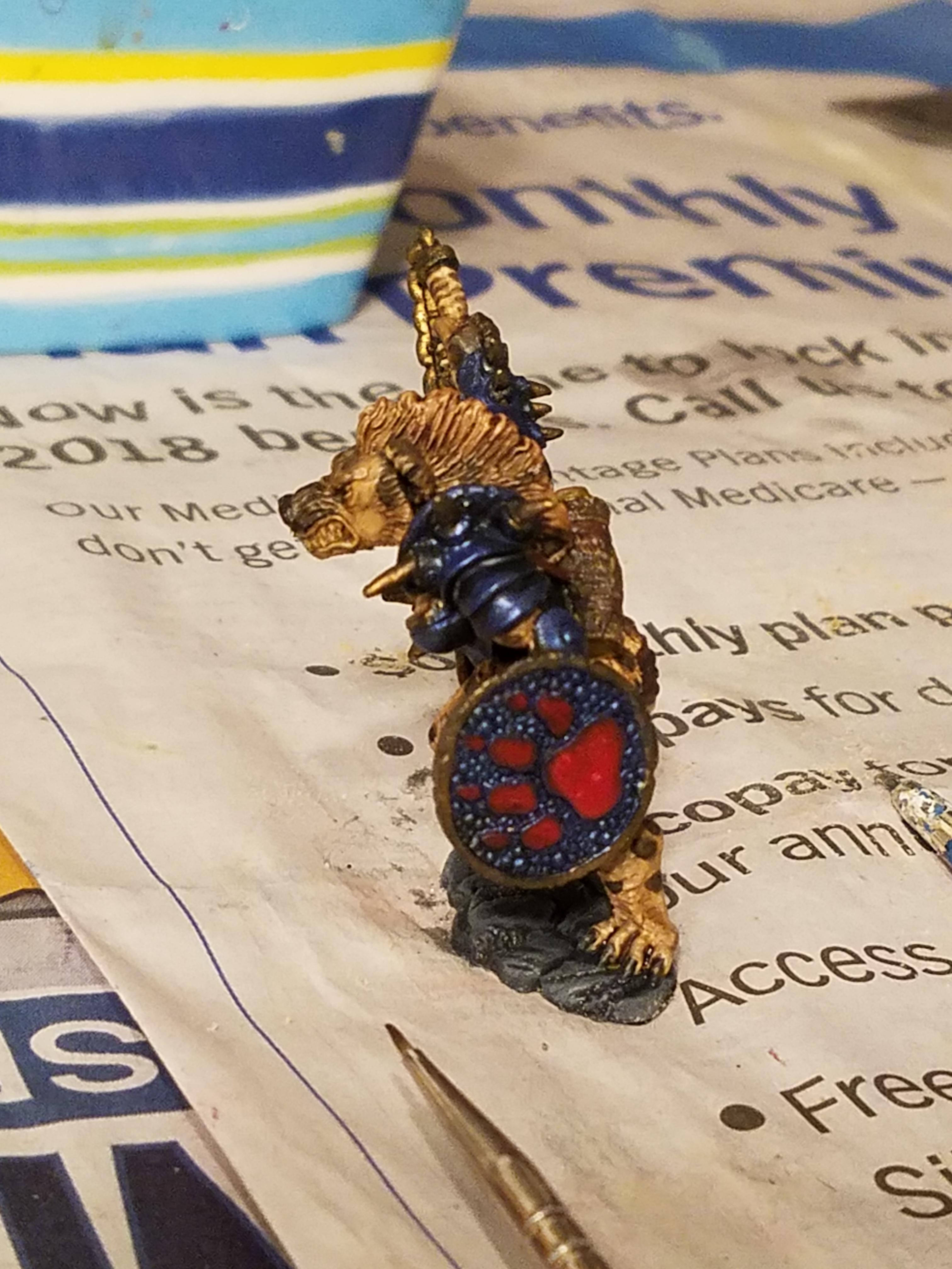 Blue Metallics, Cauliflower Base, Colored Metallics, Gnoll, Hyena, Layered Wash Painting, Mediocrity, Overly Busy Backgrounds, Oversized Flail, Reaper, Stone Themed Base, True Metallic Metals