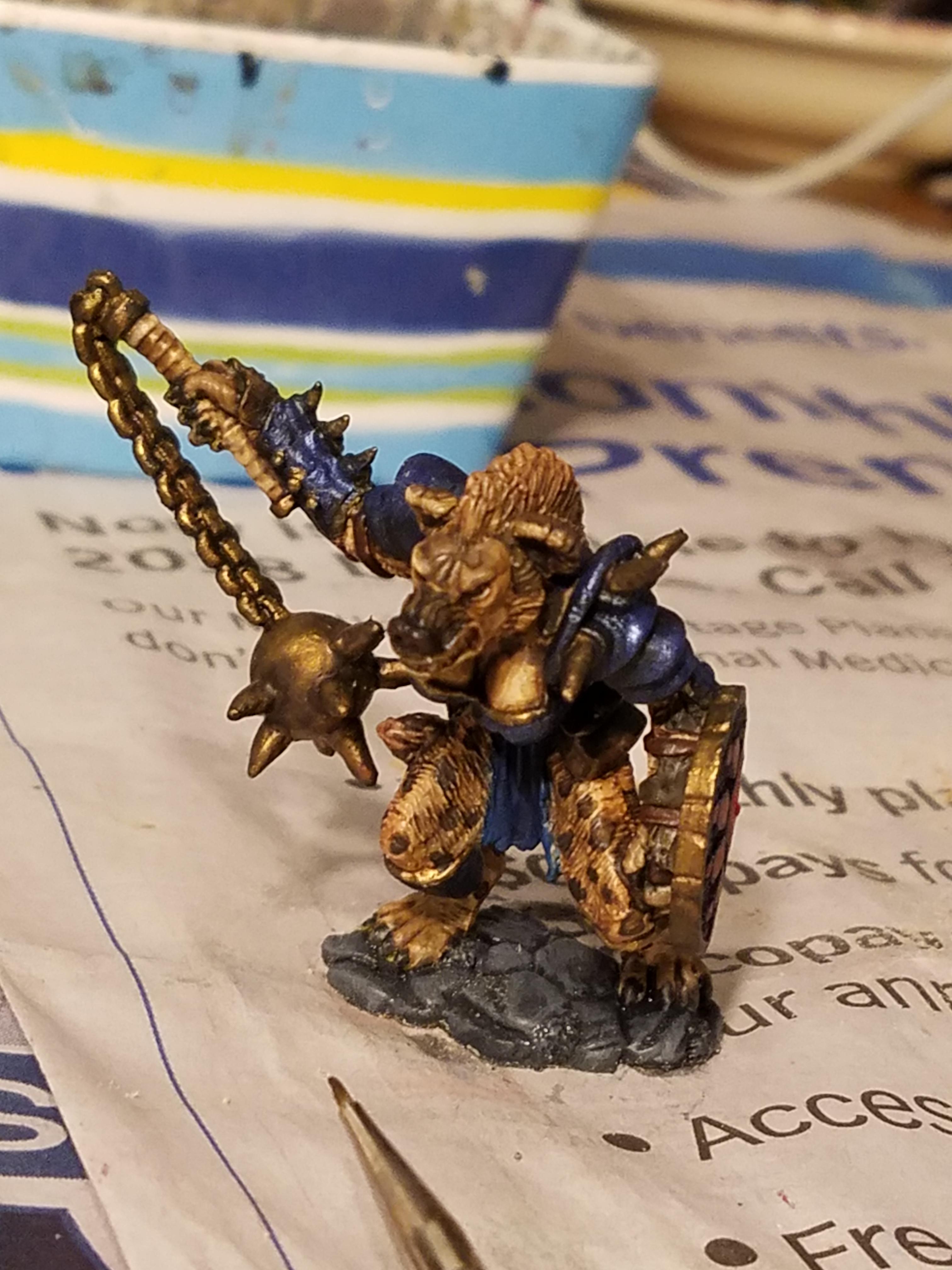Blue Metallics, Cauliflower Base, Colored Metallics, Gnoll, Hyena, Layered Wash Painting, Mediocrity, Overly Busy Backgrounds, Oversized Flail, Reaper, Stone Themed Base, True Metallic Metals
