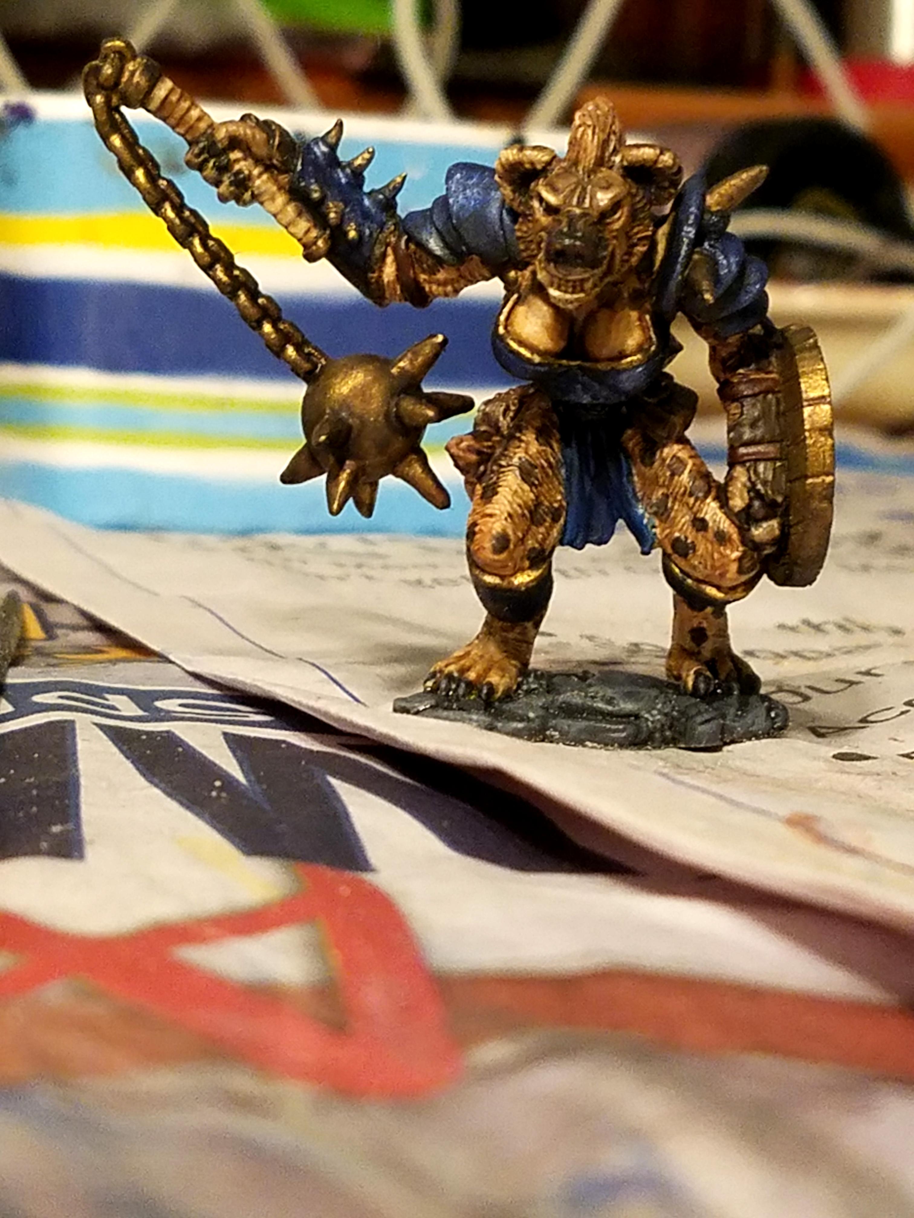 Blue Metallics, Cauliflower Base, Colored Metallics, Gnoll, Hyena, Layered Wash Painting, Mediocrity, Overly Busy Backgrounds, Oversized Flail, Reaper, Stone Themed Base, True Metallic Metals