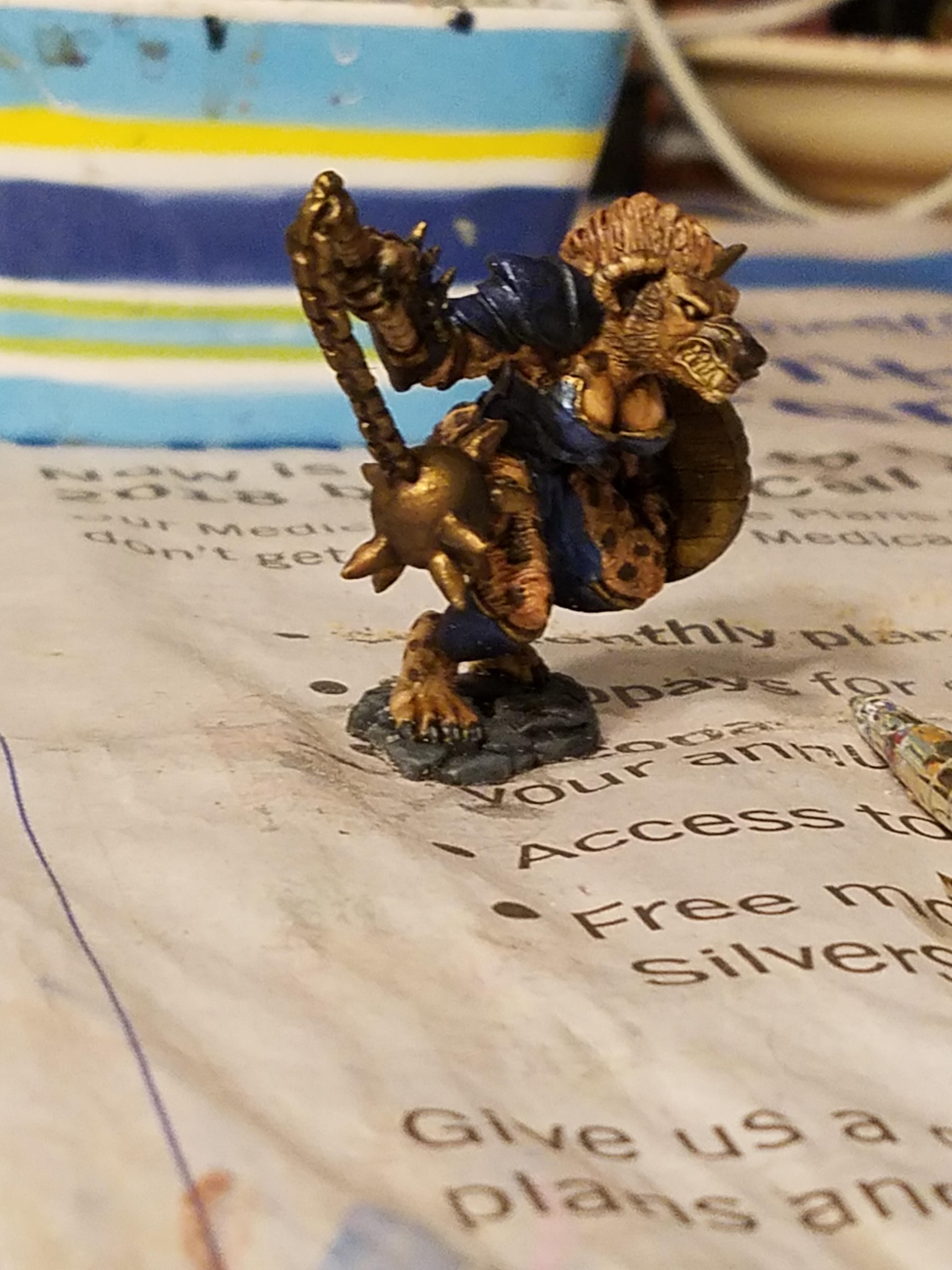 Blue Metallics, Cauliflower Base, Colored Metallics, Gnoll, Hyena, Layered Wash Painting, Mediocrity, Overly Busy Backgrounds, Oversized Flail, Reaper, Stone Themed Base, True Metallic Metals