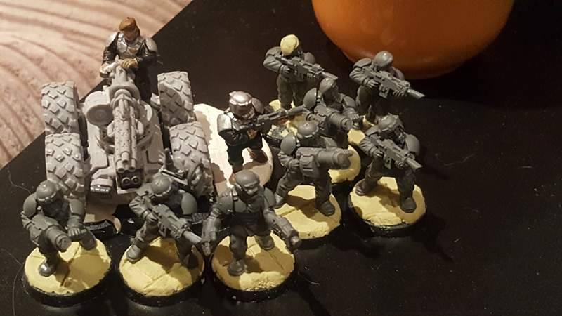 PDF Veterans Squad - Ranged support, Autocannon and 3 x Grenade Launchers. The wheeled gun platform is a combination of Zinge Industries parts