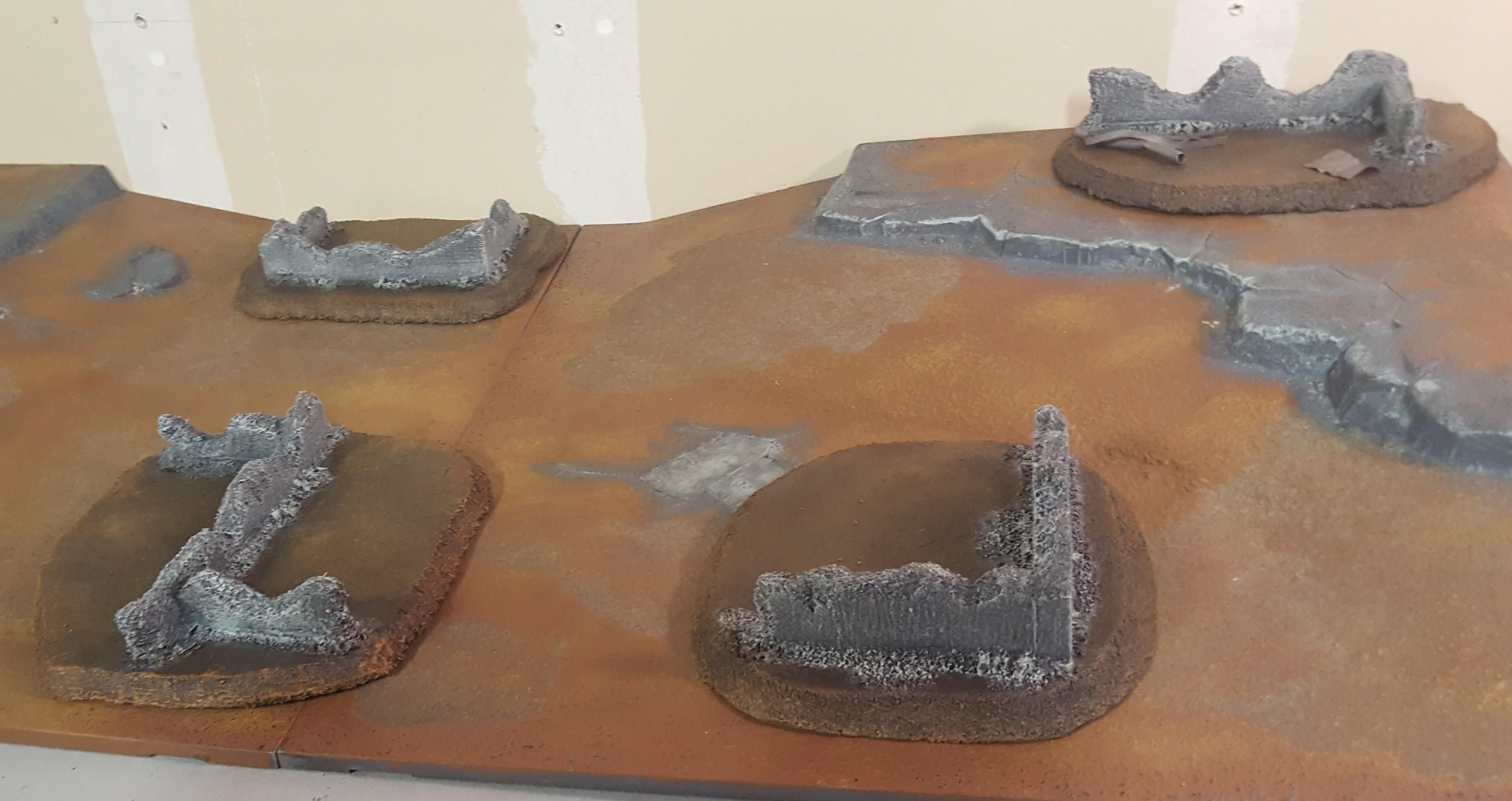 Custom terrain pieces painted and awaiting details