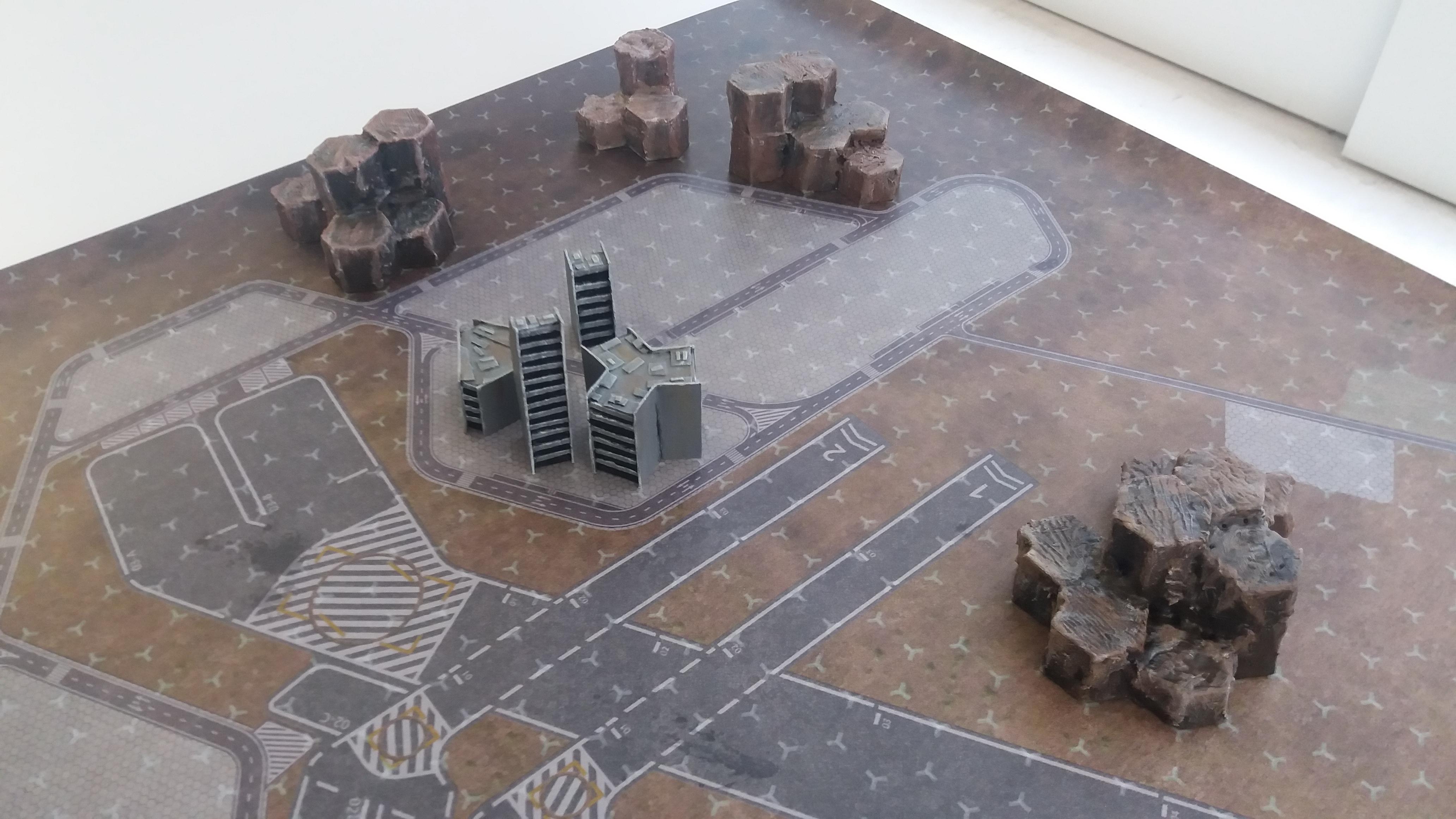 Proof of concept of buildings and mountains in a battletech mat
