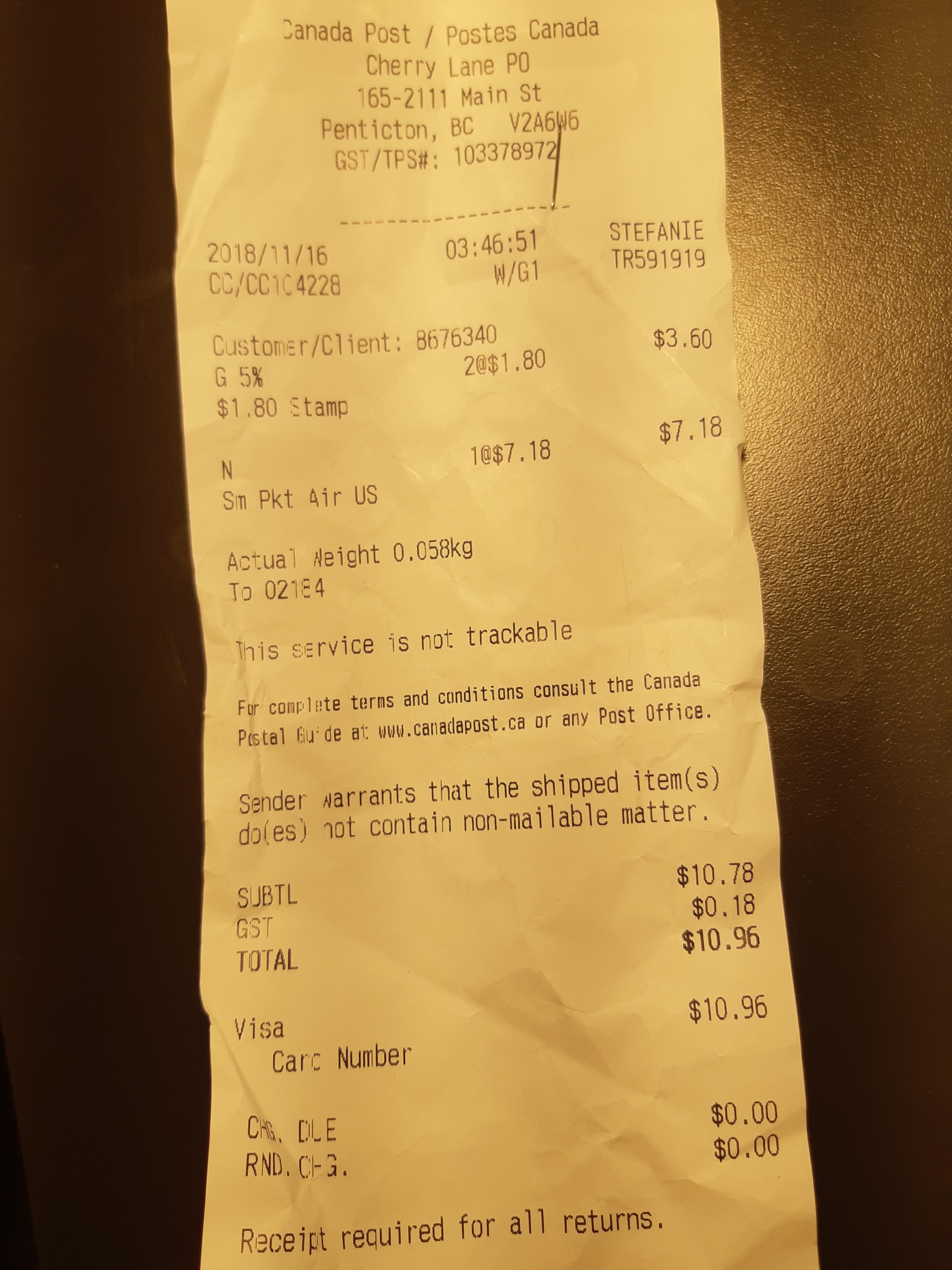 Canada Post receipt