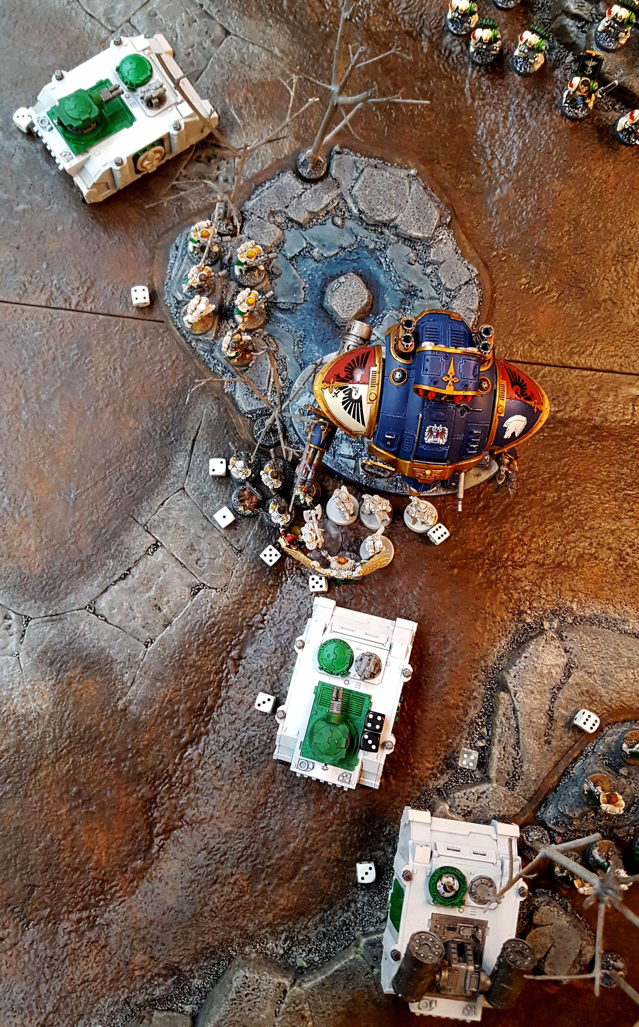 Killing the Knight (with massed melta fire and a desperate charge into melee) cost me 38 mortal wounds, as shown by the white dice. Basically a 400+ point even trade