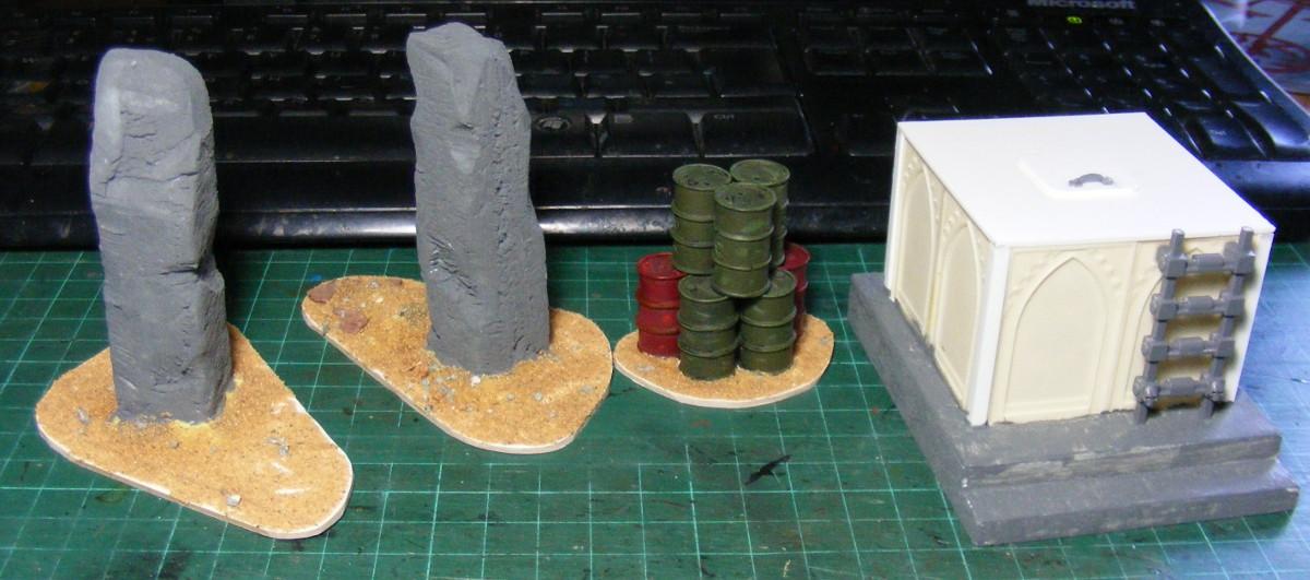 Terrain, standing stones, barrels and a water tank
