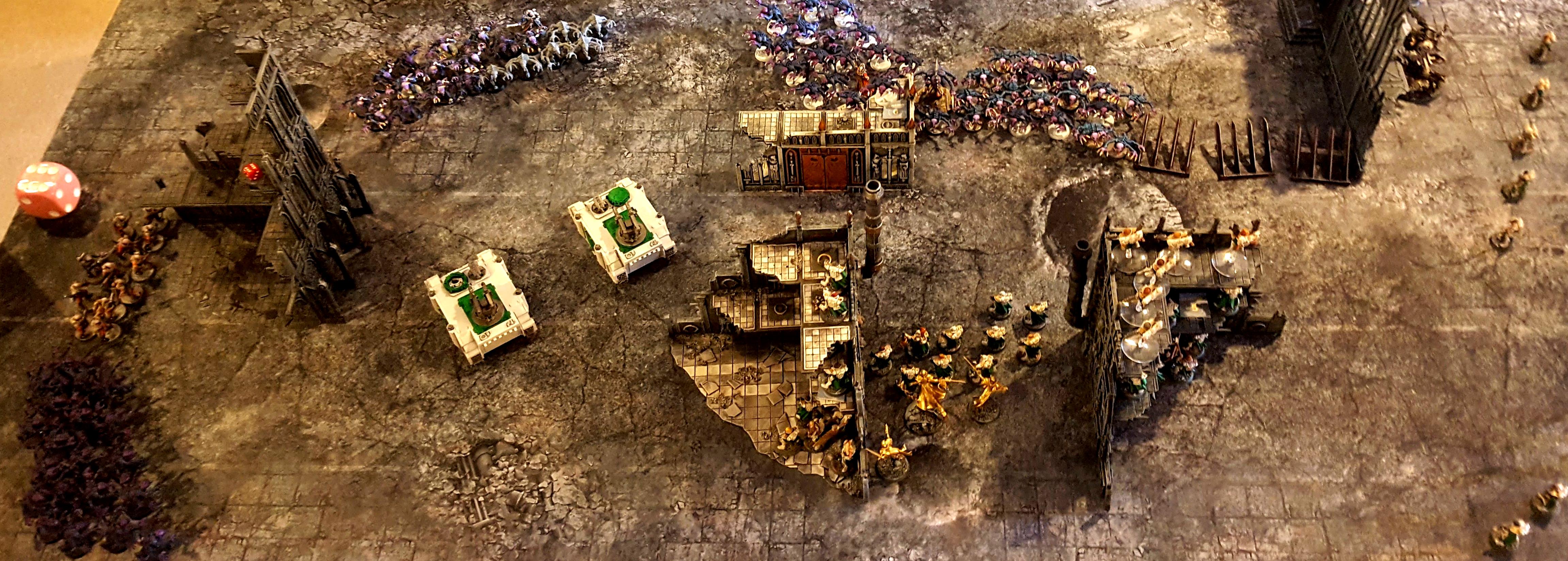 The Genestealer Cult ambushpushed back by the Dominions' Vanguard move on the left flank and by brave pickets of Battle Sisters on the right