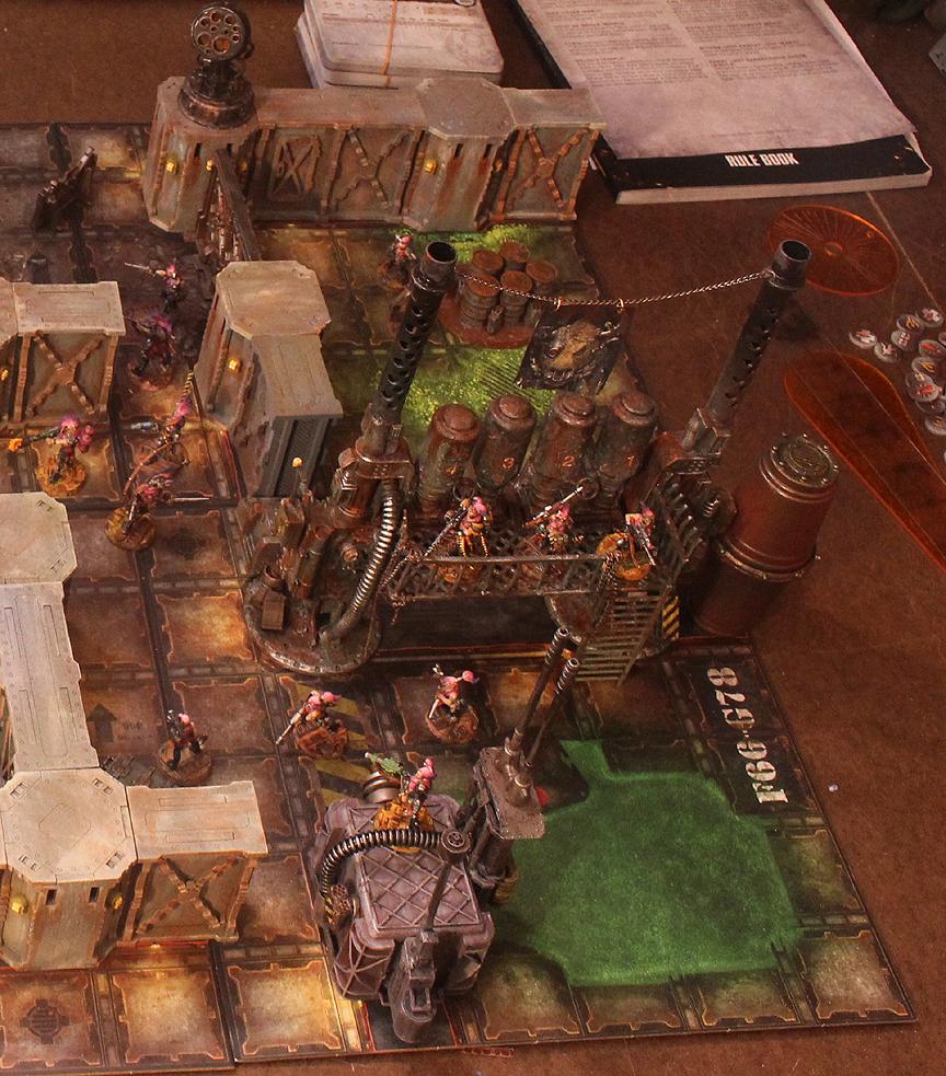 Necromunda board set up with terrain