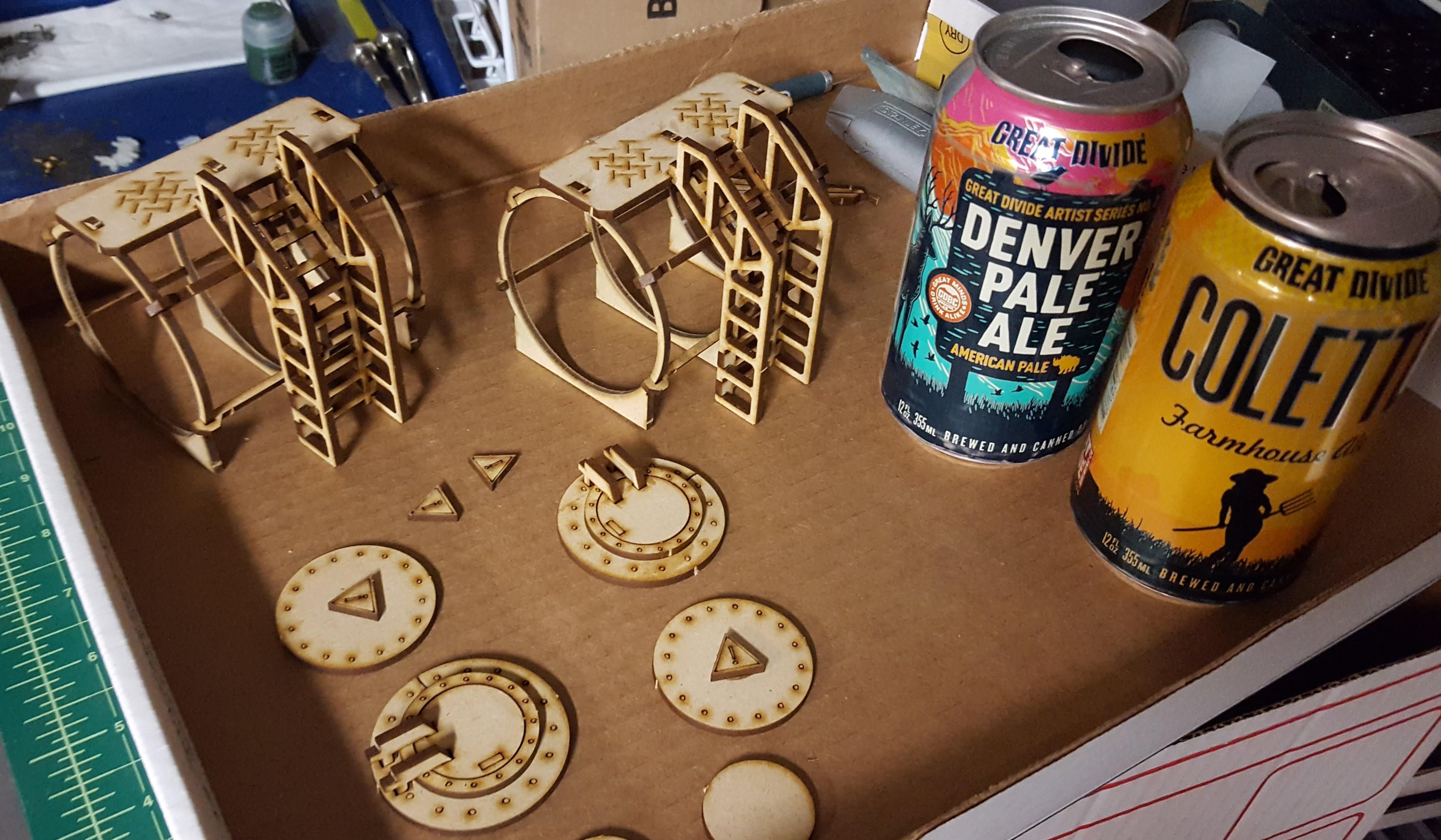 Prometheum Forge's MDF scenery underway, beer cans emptied and ready for base coat