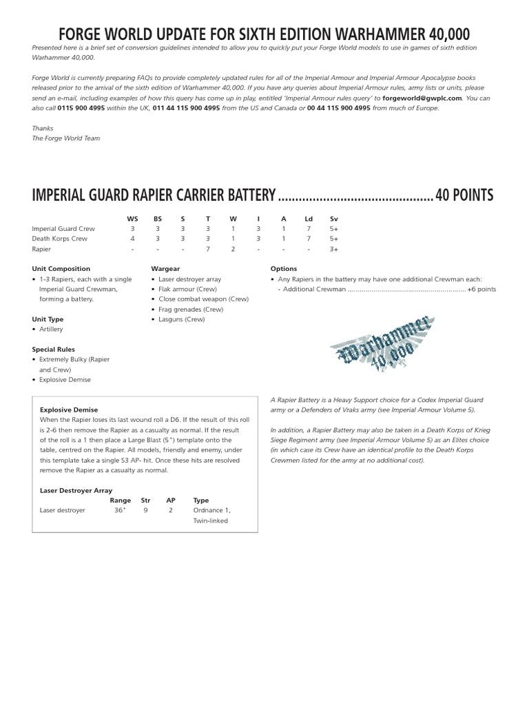 Rapier Forge World Update for 6th Edition