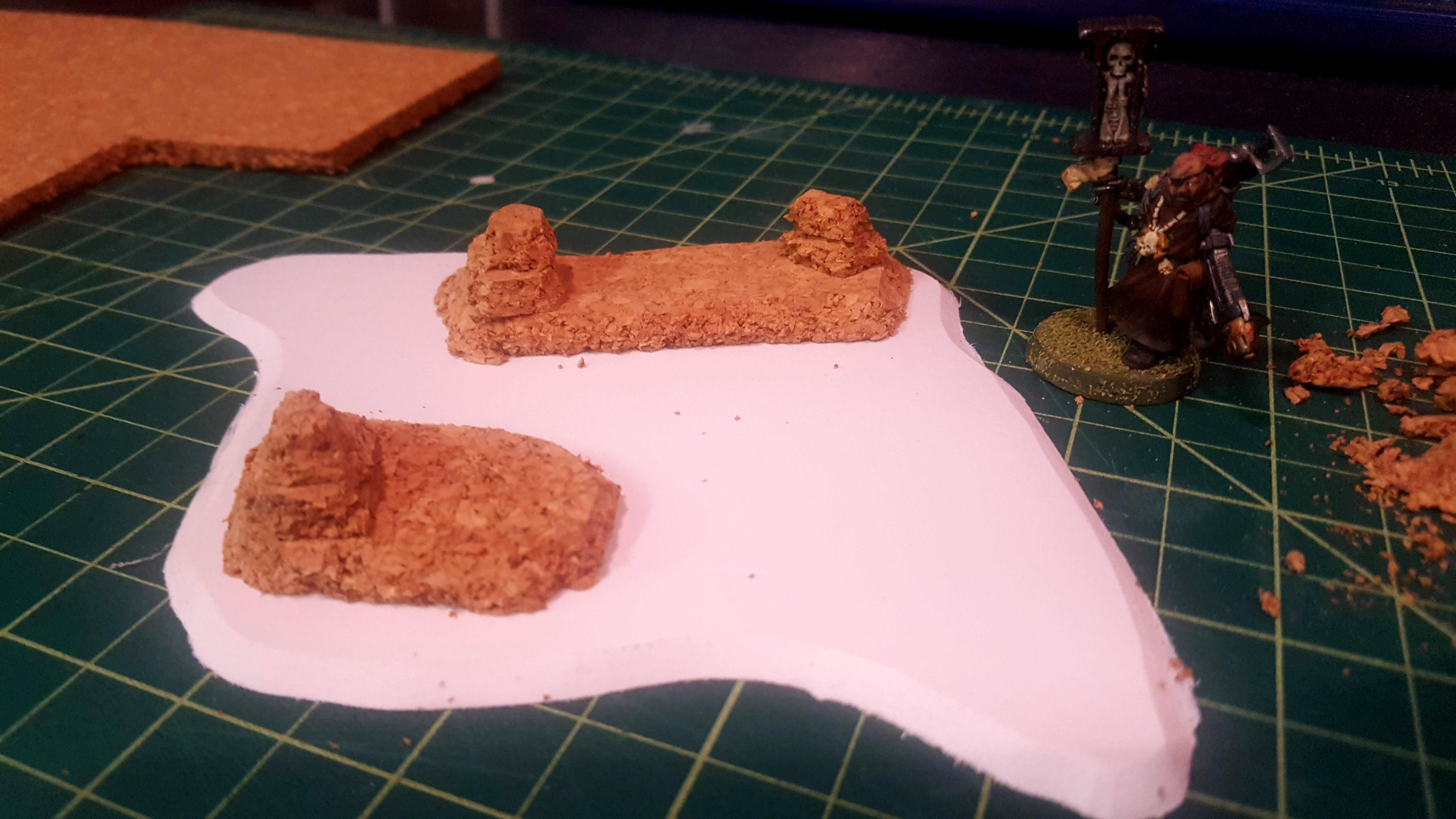 Area terrain assembly: cork rocks mounted to foamed PVC