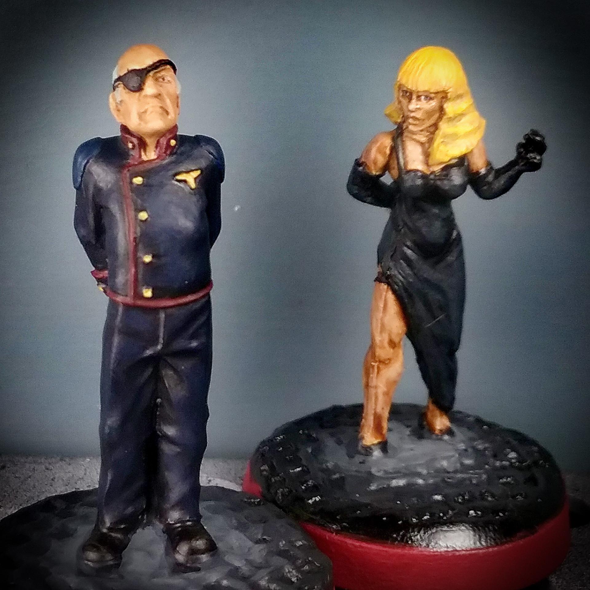 28mm Battlestar Galactica Miniatures, Battlestar Galactica, Battlestar Galactica 28mm, Battlestar Galactica Miniatures, Black Cat Bases, Colonel Michaels, Ellen Tigh, Hasslefree, Miss Scarlet, Saul Tigh, Sci Fi Admiral, Sci Fi Captain