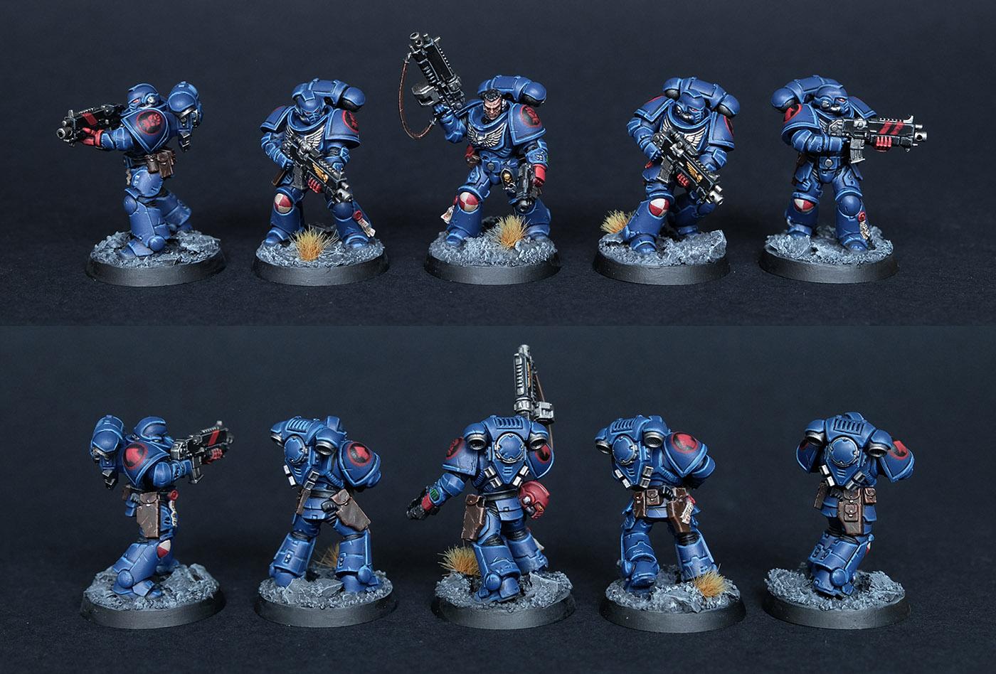 Armor, Blue, Crimson Fists, Edge Highlighting, Etb, Intercessors, Matte, Primaris, Primaris Intercessors, Scretches, Space Marines