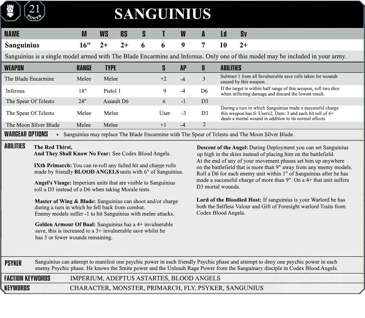 Sanguinius, Sanguinius Datasheet