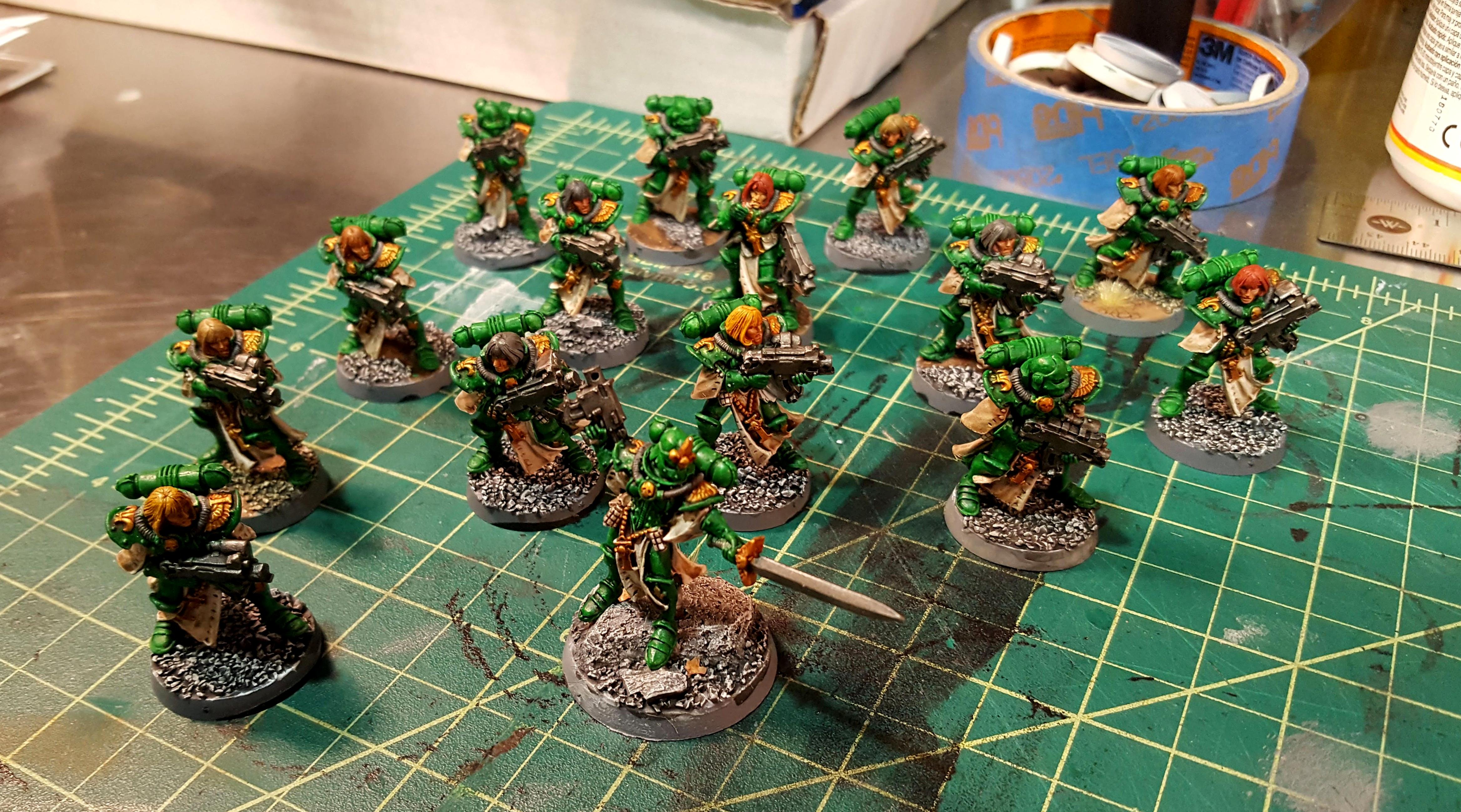 Fifteen white-on-green Sisters, painted and based