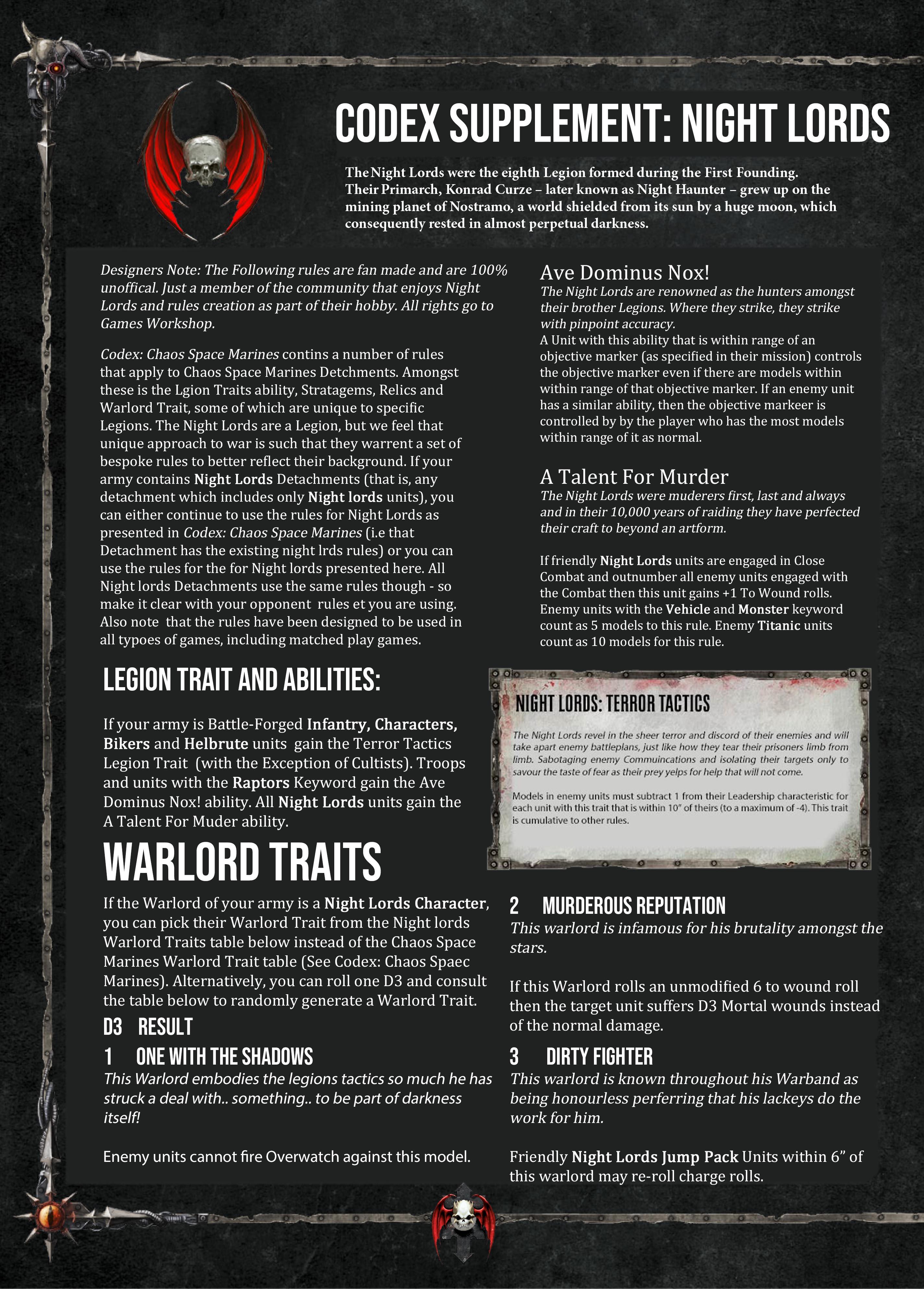 Chaos Space Marines, Heretic Astartes, Homebrew Rules, Night Lords, Proposed Rules, Warhammer 40,000