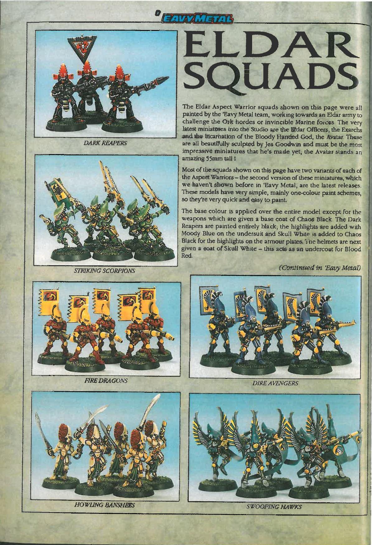 'eavy Metal, Aspect Warrior, Copyright Games Workshop, Dark Reapers, Dire Avengers, Eldar, Fire Dragon, Howling Banshees, Retro Review, Striking Scorpions, Swooping Hawks, Warhammer 40,000, White Dwarf