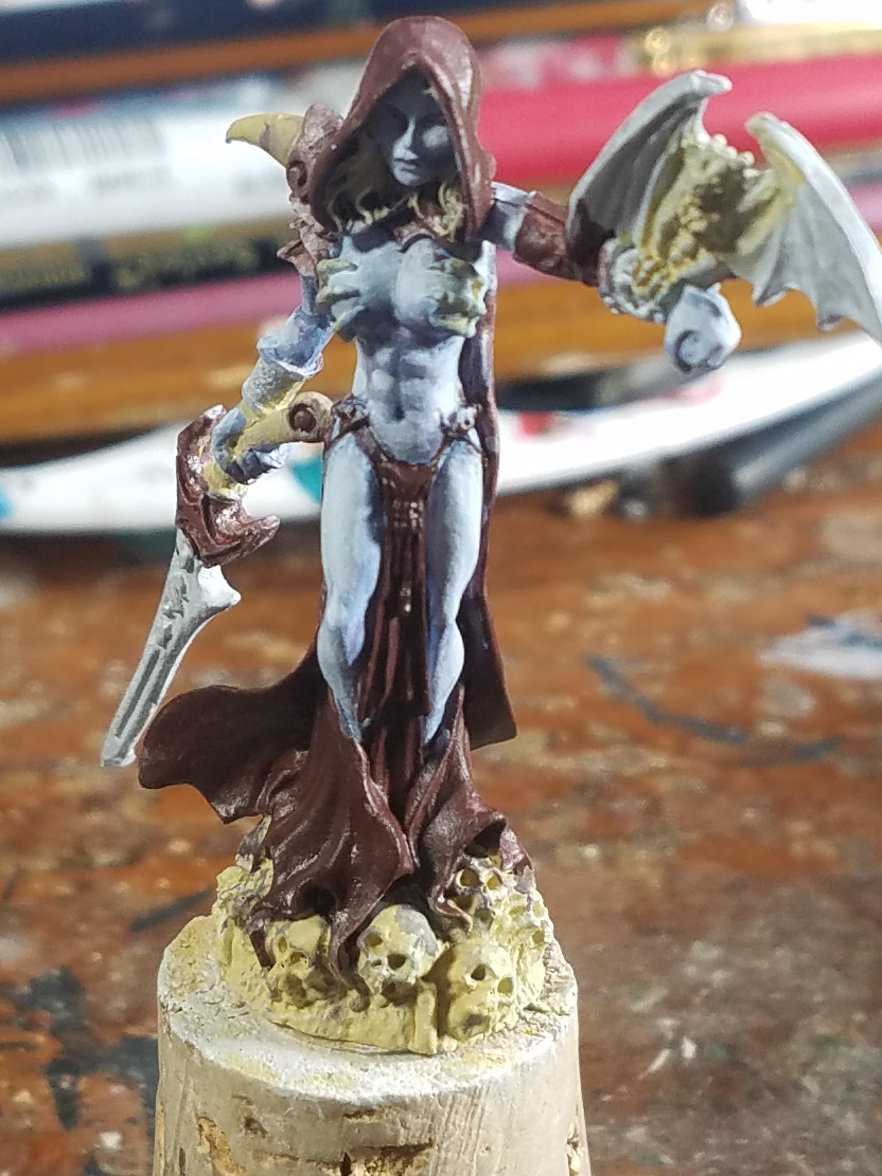 Impractically Clad Women, Necromancer, Paint Tests, Pale Blue Skin, Reaper Miniatures, Uncomfortable Armor, Work In Progress