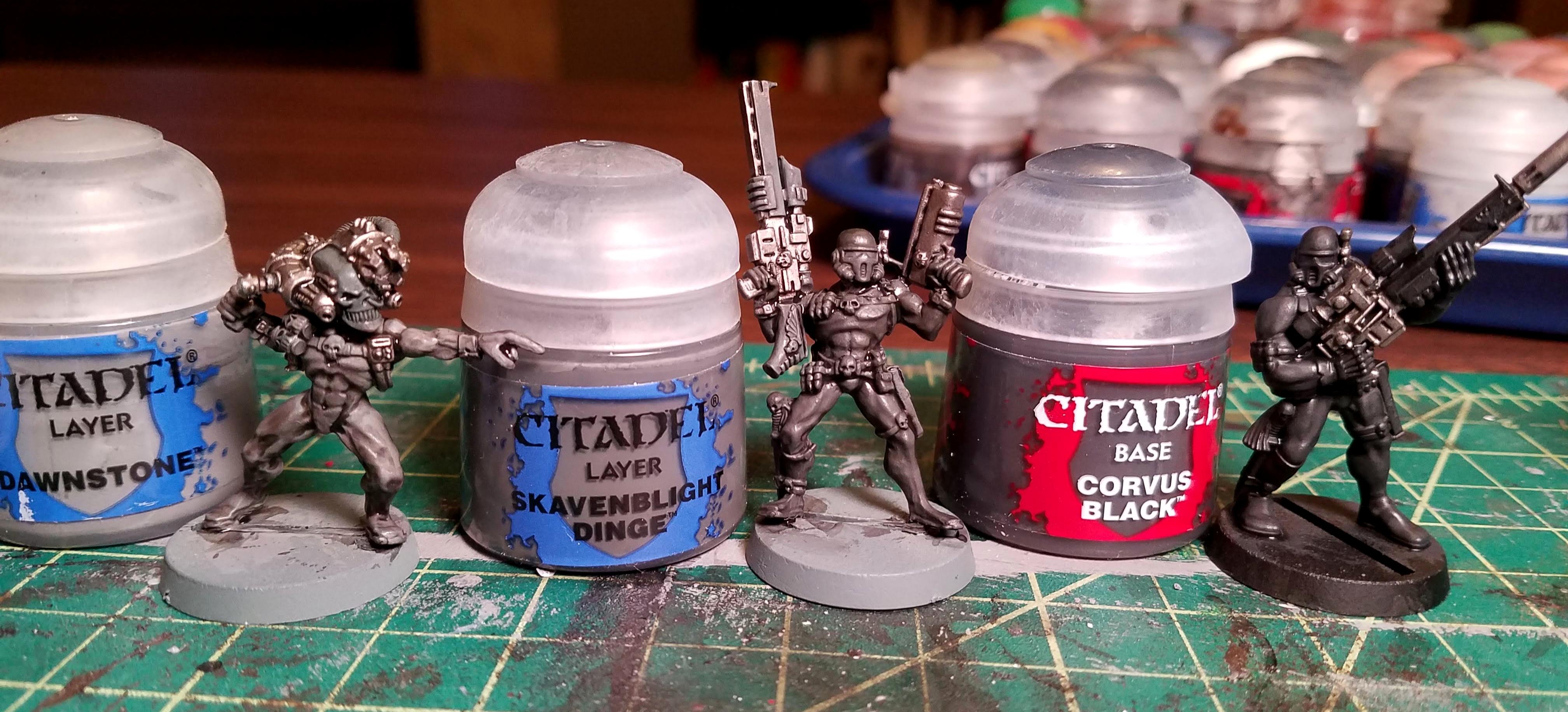 WIP: three assassins after base color and Nuln Oil shading