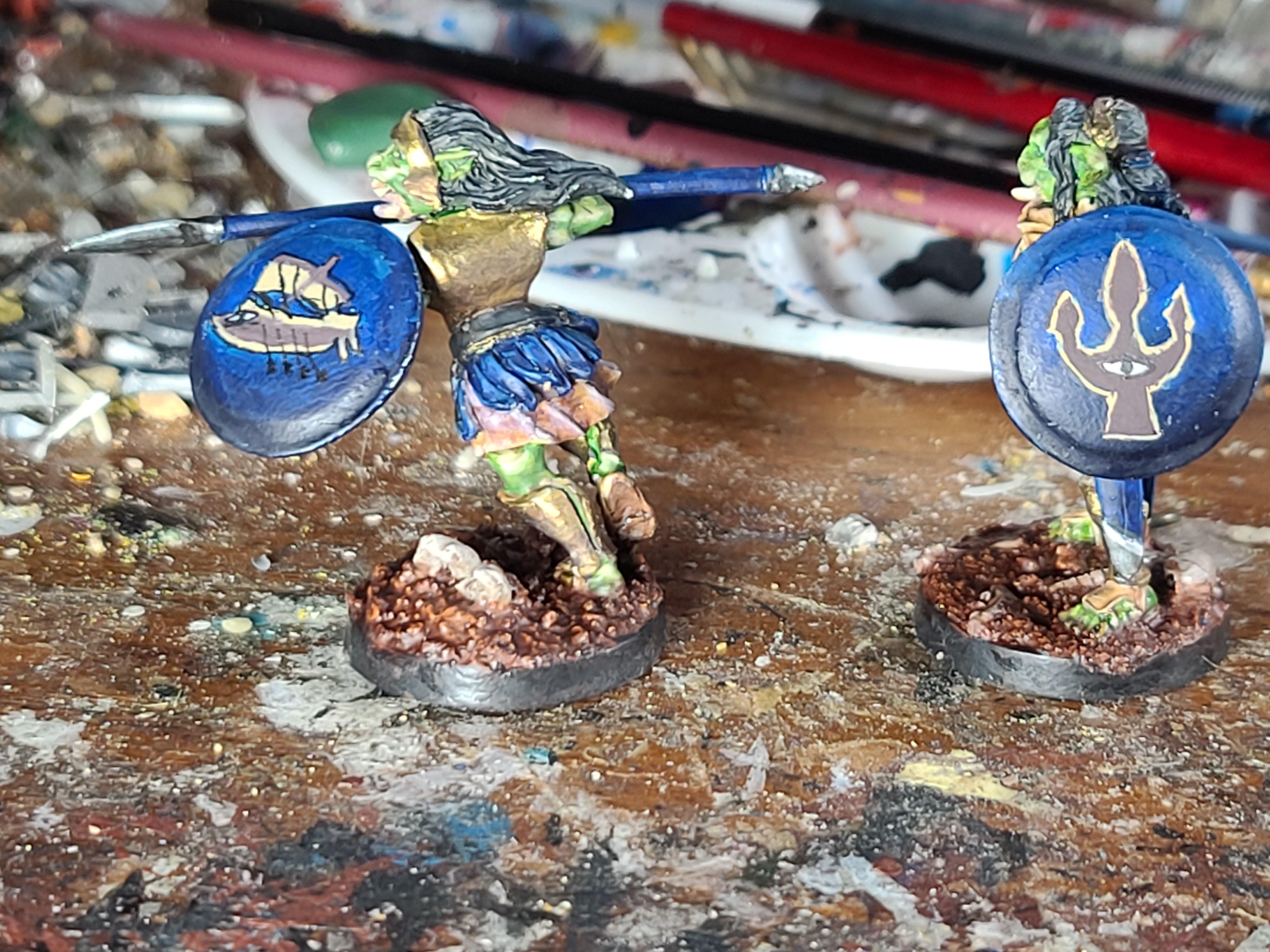 Bronze Age Miniatures, Female, Freehand., Orcs, Shields, Spear, Sword, Vaguely Greek, Warriors