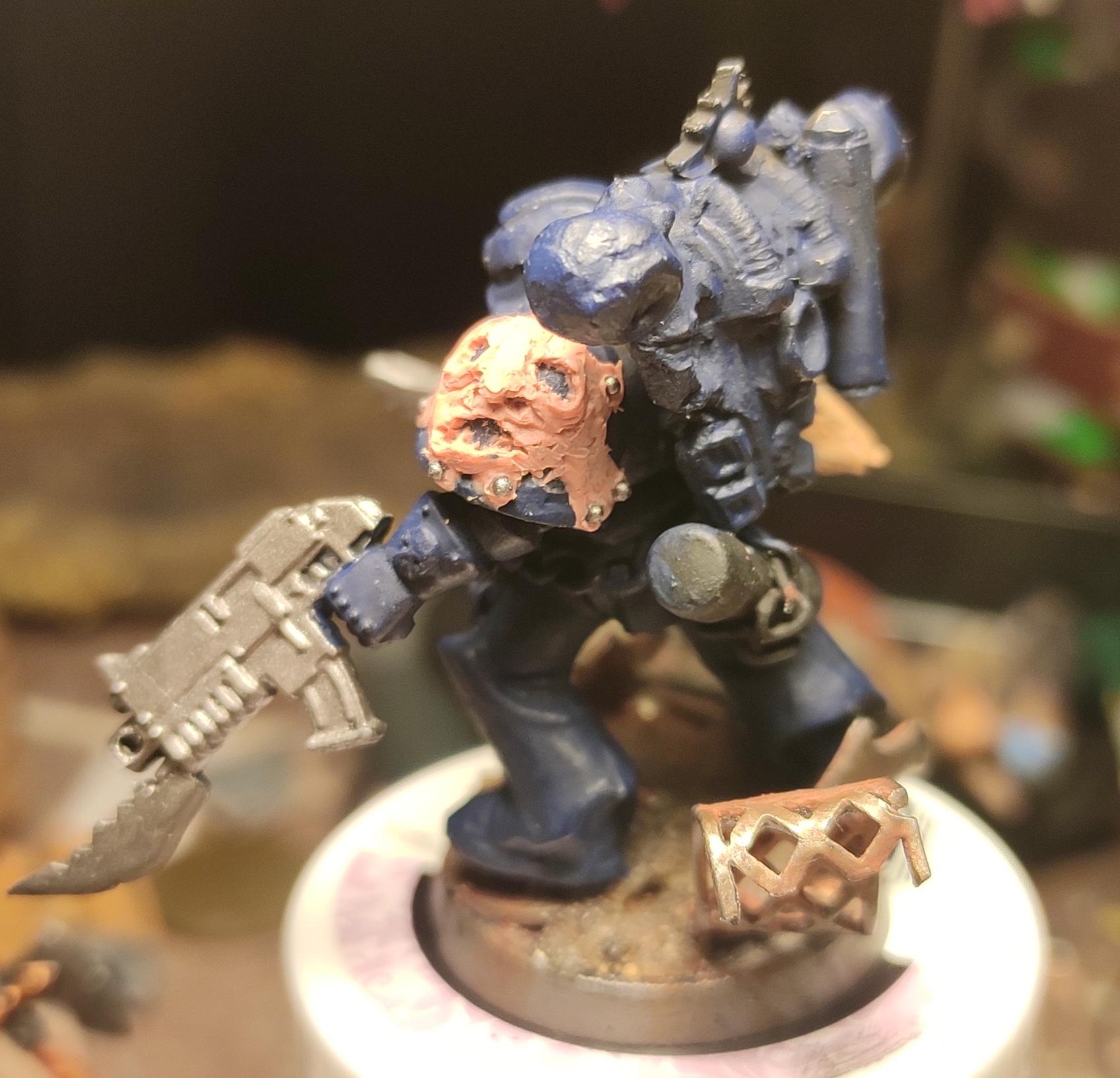 Apothecary, Ave Dominus Nox, Bayonet, Blurred Photo, Bolter, Chaos, Chaos Space Marines, Chaos Undivided, Container, Conversion, Epoxy, Face, First Claw, Flayed Face, Flayed Skin, Heresy, Heretic Astartes, Infantry, Kitbash, Narthecium, Night Lords, Putty, Scratch Build, Sculpting, Traitor Legions, Trophy, Variel, Variel The Flayer, Warhammer 40,000, Work In Progress