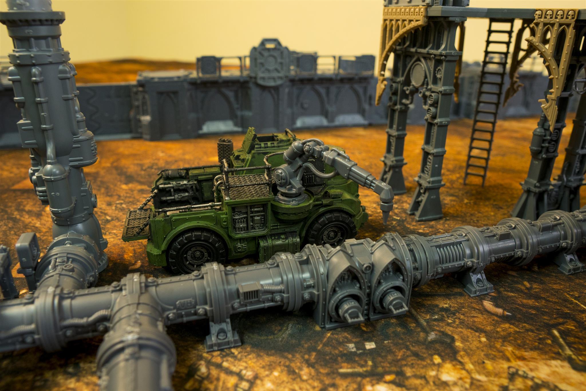 Warhammer 40k refinery terrain, 3D printed parts given the paint