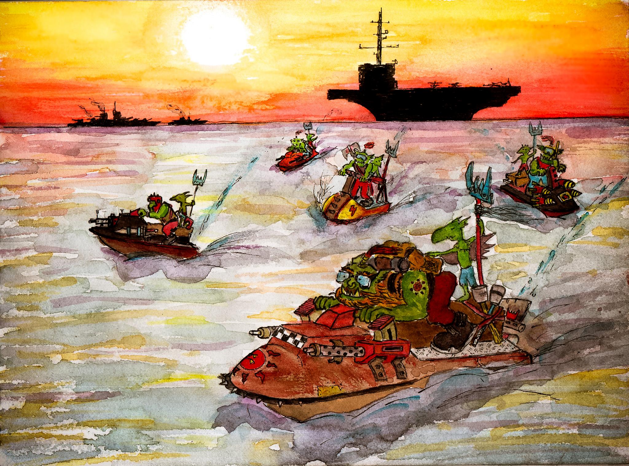 Boat, Cartoon, Drawing, Fiction, Graphic, Grots, Humour, Illustration, Orks, Ship, Sketch
