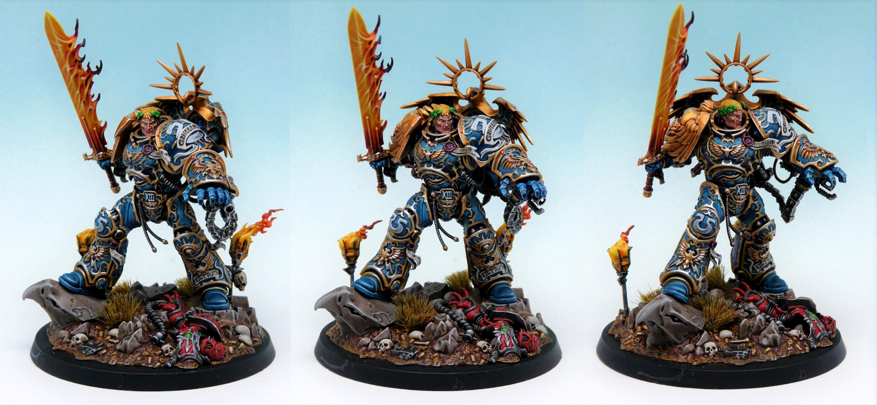 Blue, Flaming Sword, Helmetless, Power Armor, Primarch, Roboute Guilliman, Space Marines, Ultramarines, Warhammer 40,000