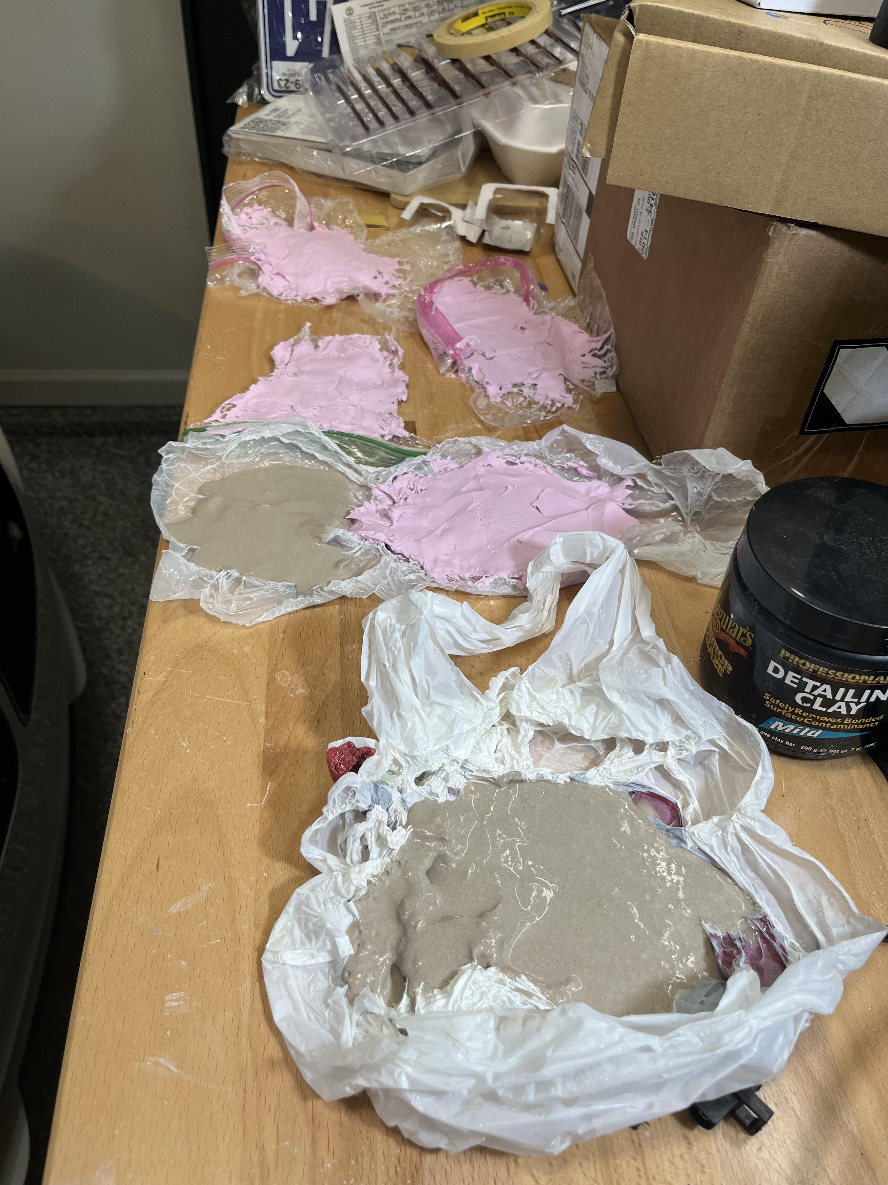 Melted garbage bags:) and plaster or grout