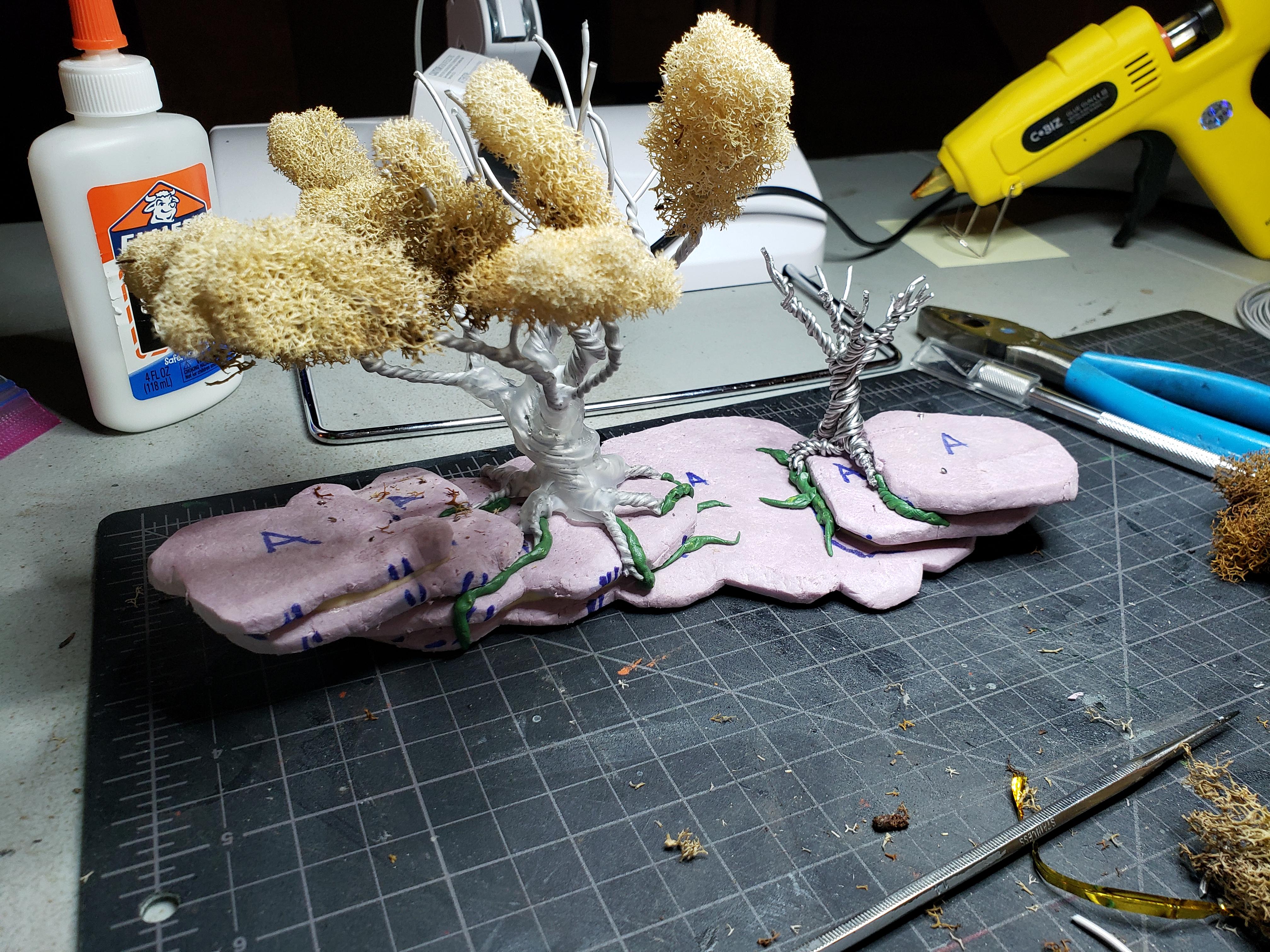 Dry-fitting lichen, shaping roots