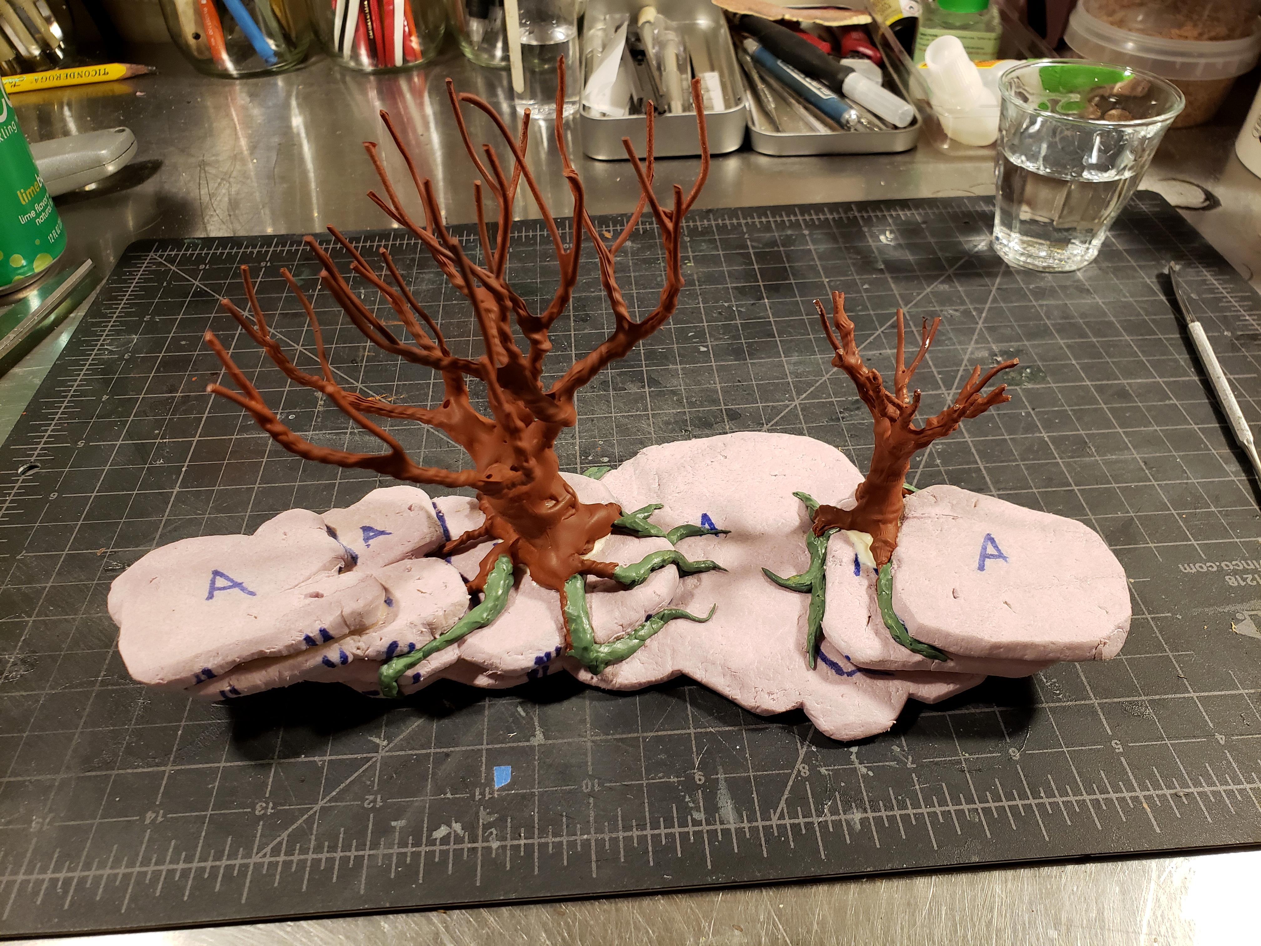 Trees primed and glued in place, Green Stuff roots