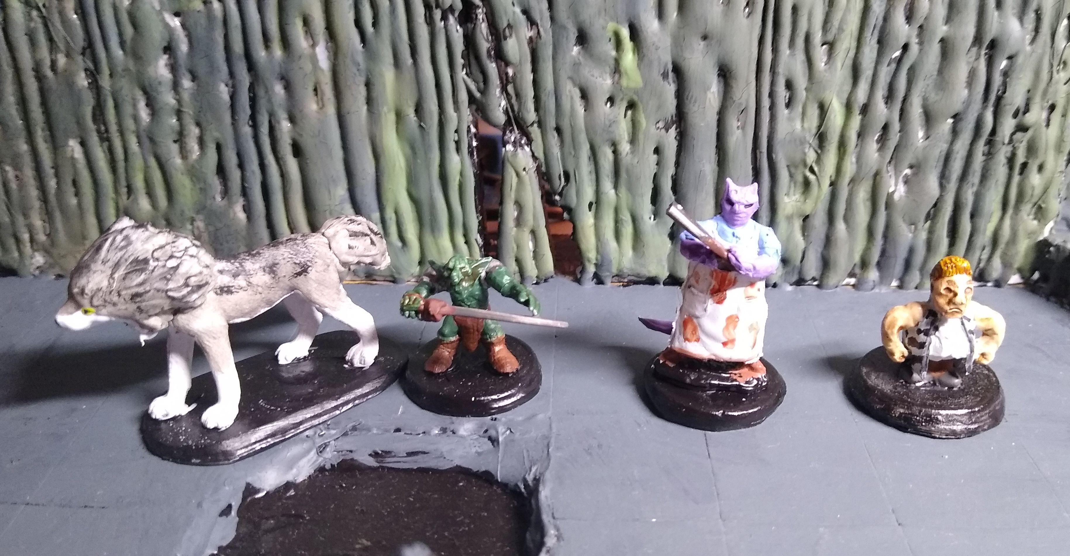 wolf, goblin barbarian, tiefling butcher, and halfling brawler