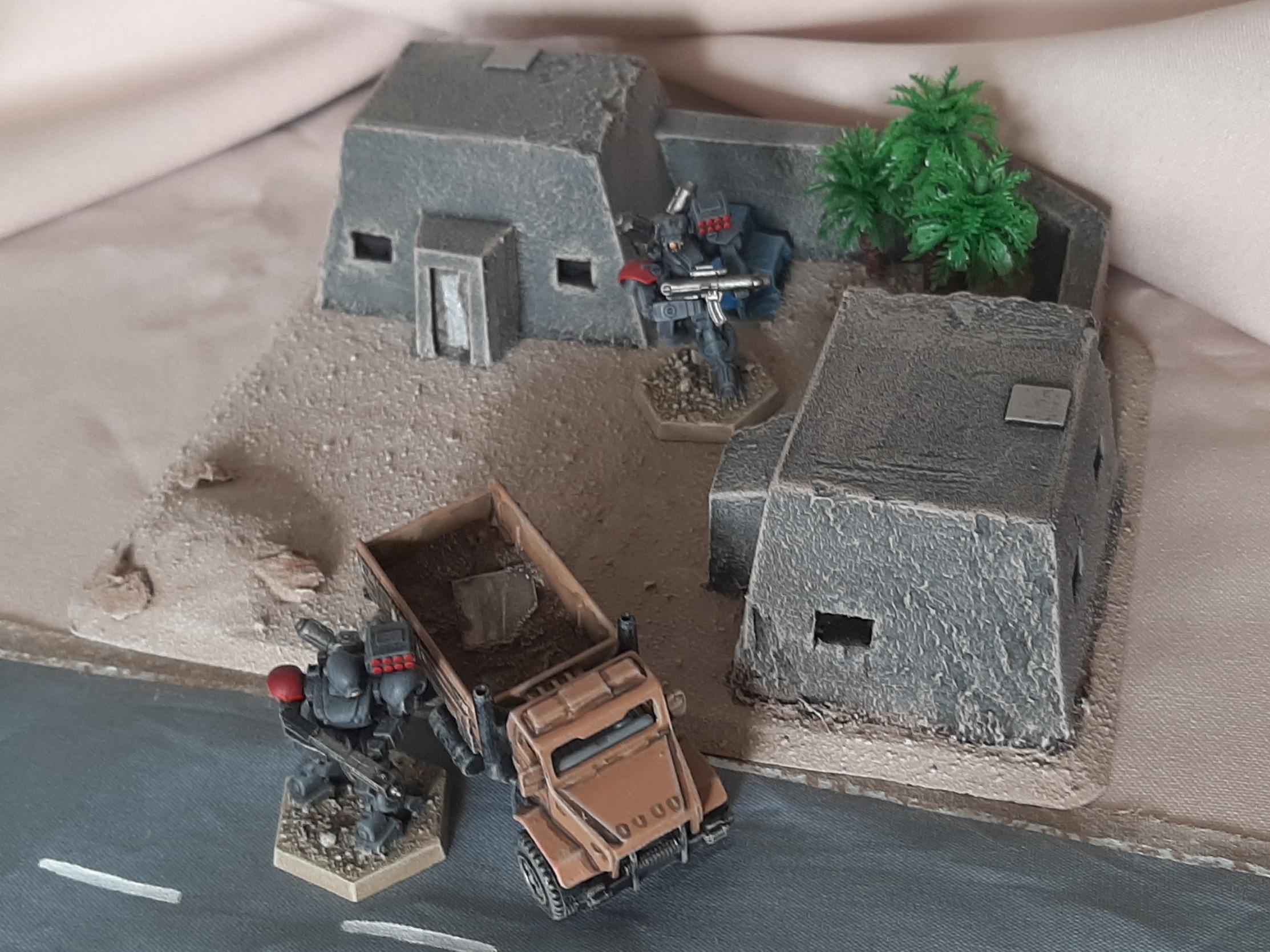 1:144, Blitz, Buildings, Concrete, Cover, Custom, Desert, Game Table, Gaming, Gear, Heavy, Homes, Houses, Map, Mech, Mecha, Palm, Robot, Scratch Build, Sttlement, Tabletop, Terrain, Trees