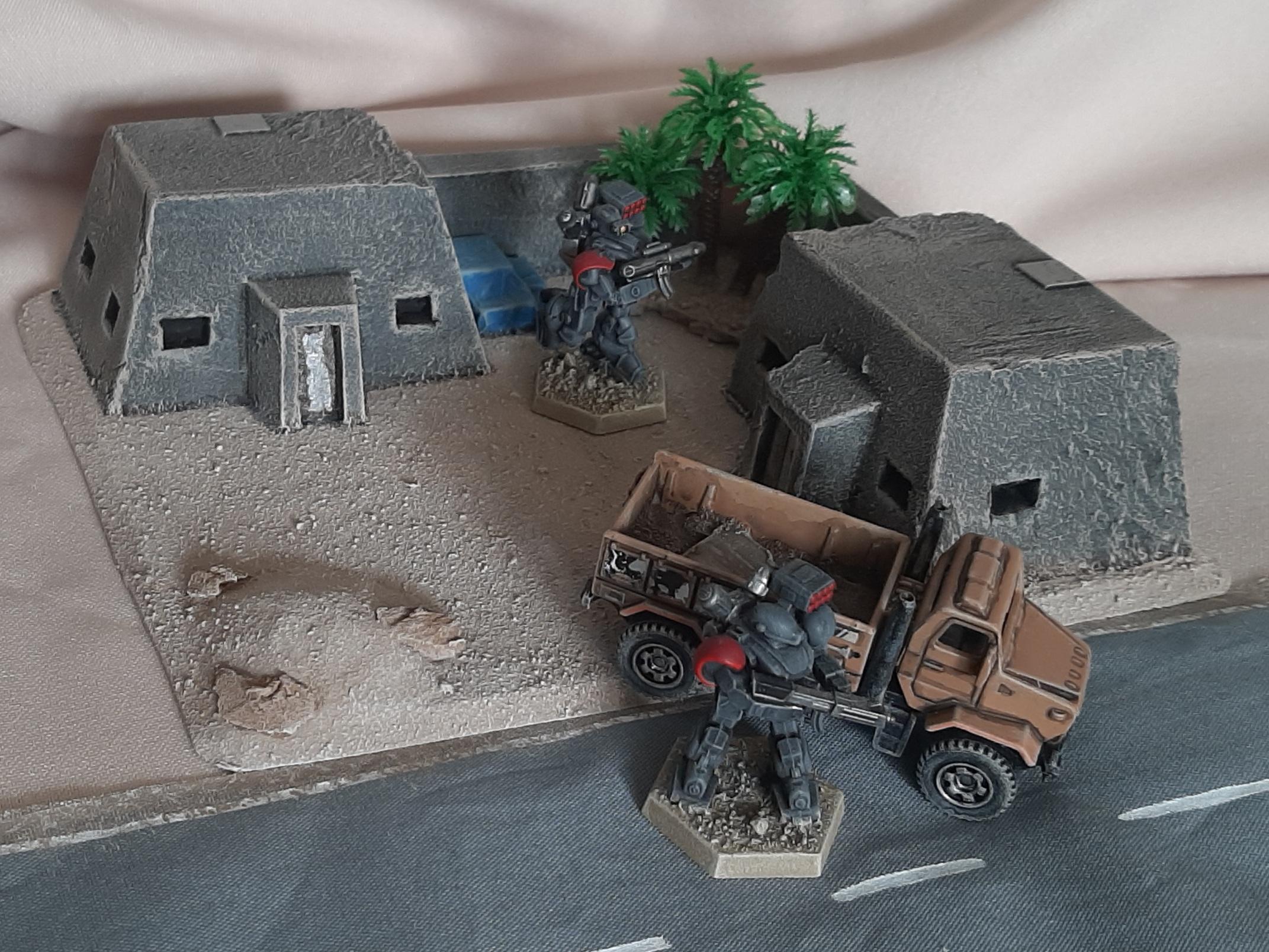 1:144, Blitz, Buildings, Concrete, Cover, Custom, Desert, Game Table, Gaming, Gear, Heavy, Homes, Houses, Map, Mech, Mecha, Palm, Robot, Scratch Build, Sttlement, Tabletop, Terrain, Trees