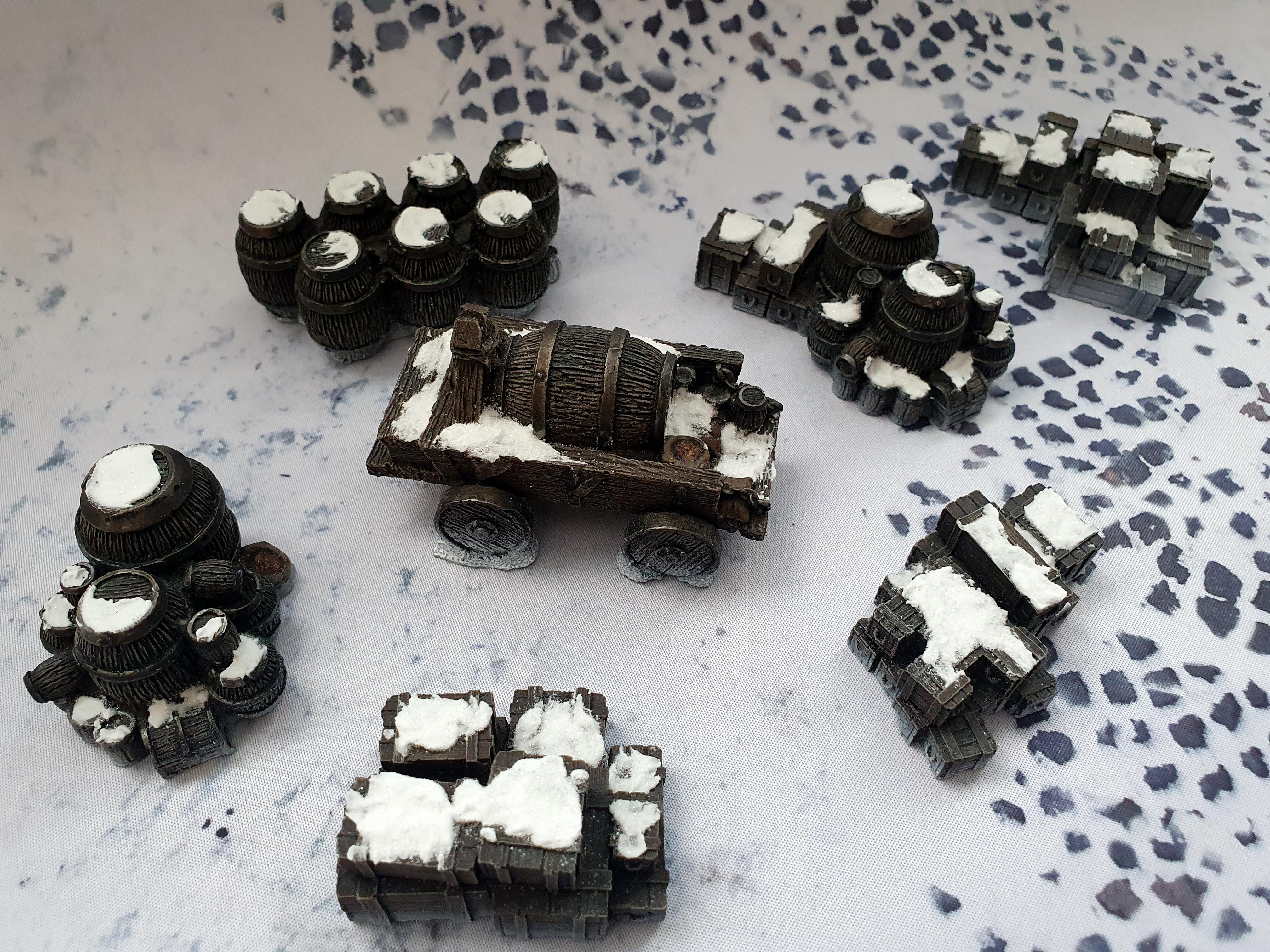Crates, Frostgrave, Grendel, Snow, Terrain, Winter Wargaming
