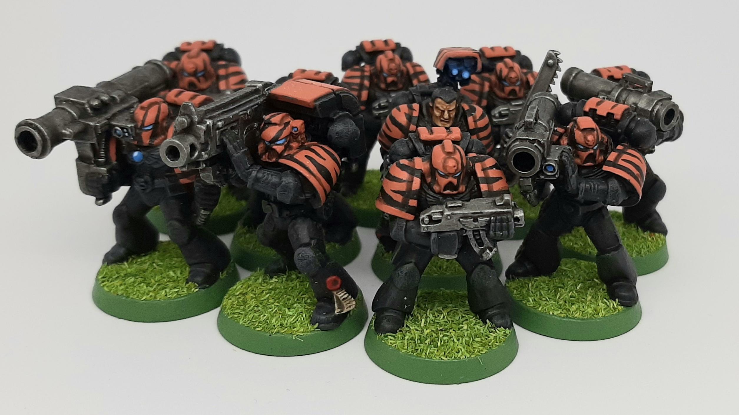 Astartes, Bolter, Boltgun, Camouflage, Claw, Combat, Conversion, Devastator, Fang, Fighting, Forest, Green, Heavy, India, Jungle, Launcher, Missile, Orange, Paw, Saber, Space, Space Marines, Squad, Stripes, Tigers, Tooth, Veda, Vedic