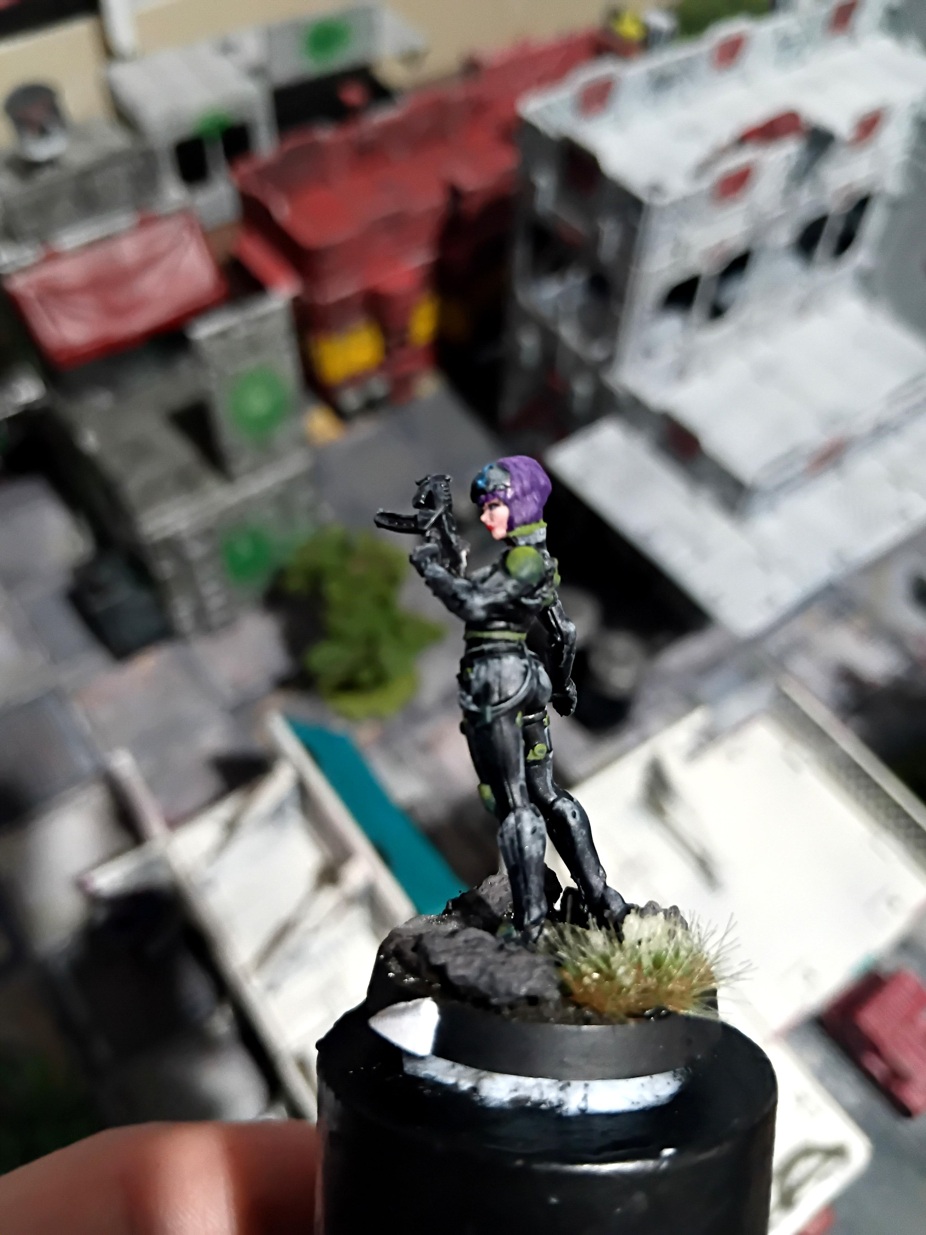 Badass, Catsuit, Ghost In The Shell, Green, Infinity, Japanese Secessionist Army, Jsa, Mini, Miniature, Motoko Kusanagi, Purple Hair, Ryken, Section 9, Submachine Gun, The Major, Unit 9