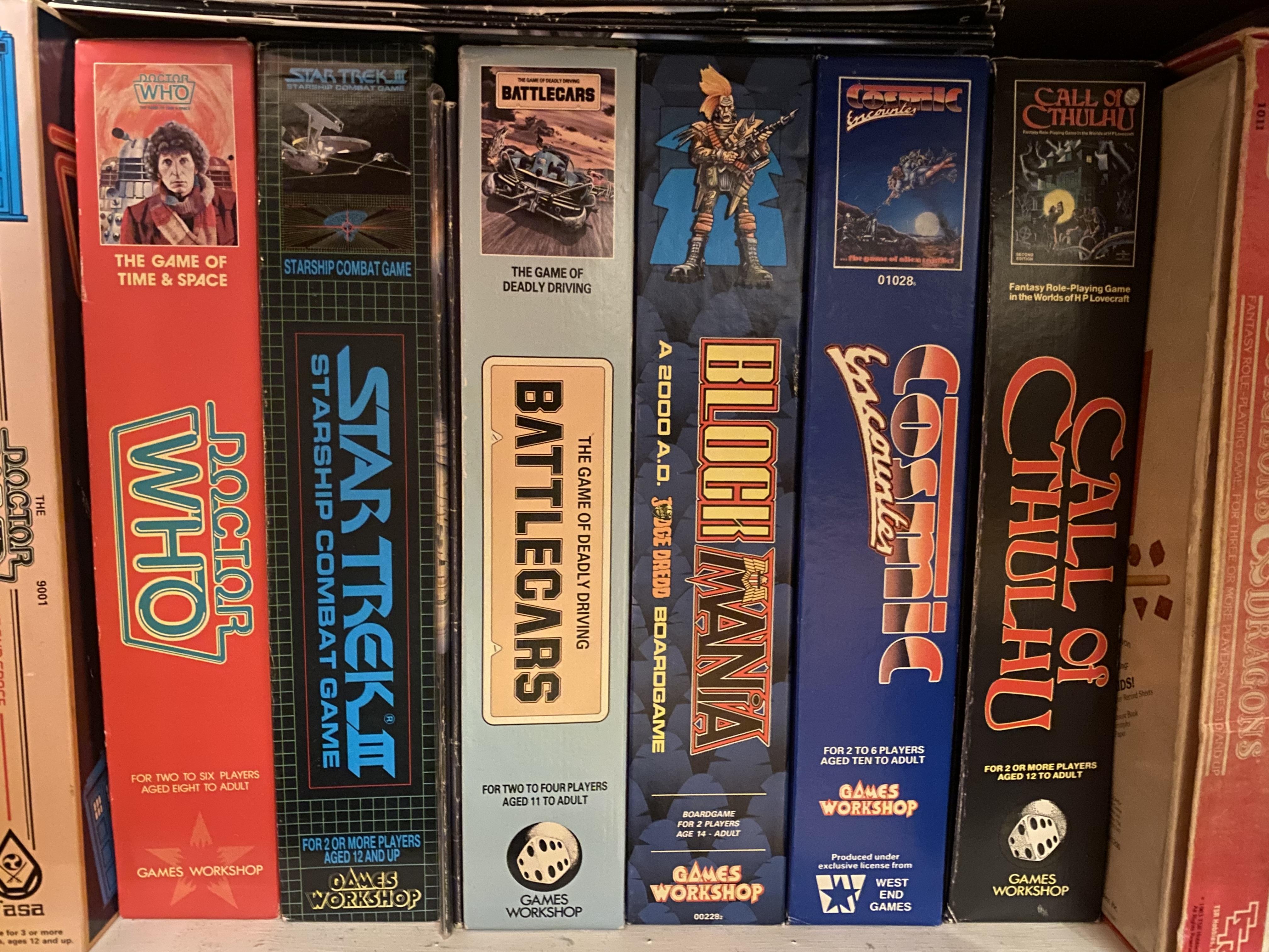 Battle Cars, Block Mania, Call Of Cthulhu, Classic, Cosmic Encounters, Dr Who, Games, Games Workshop, Oldhammer, Star Trek