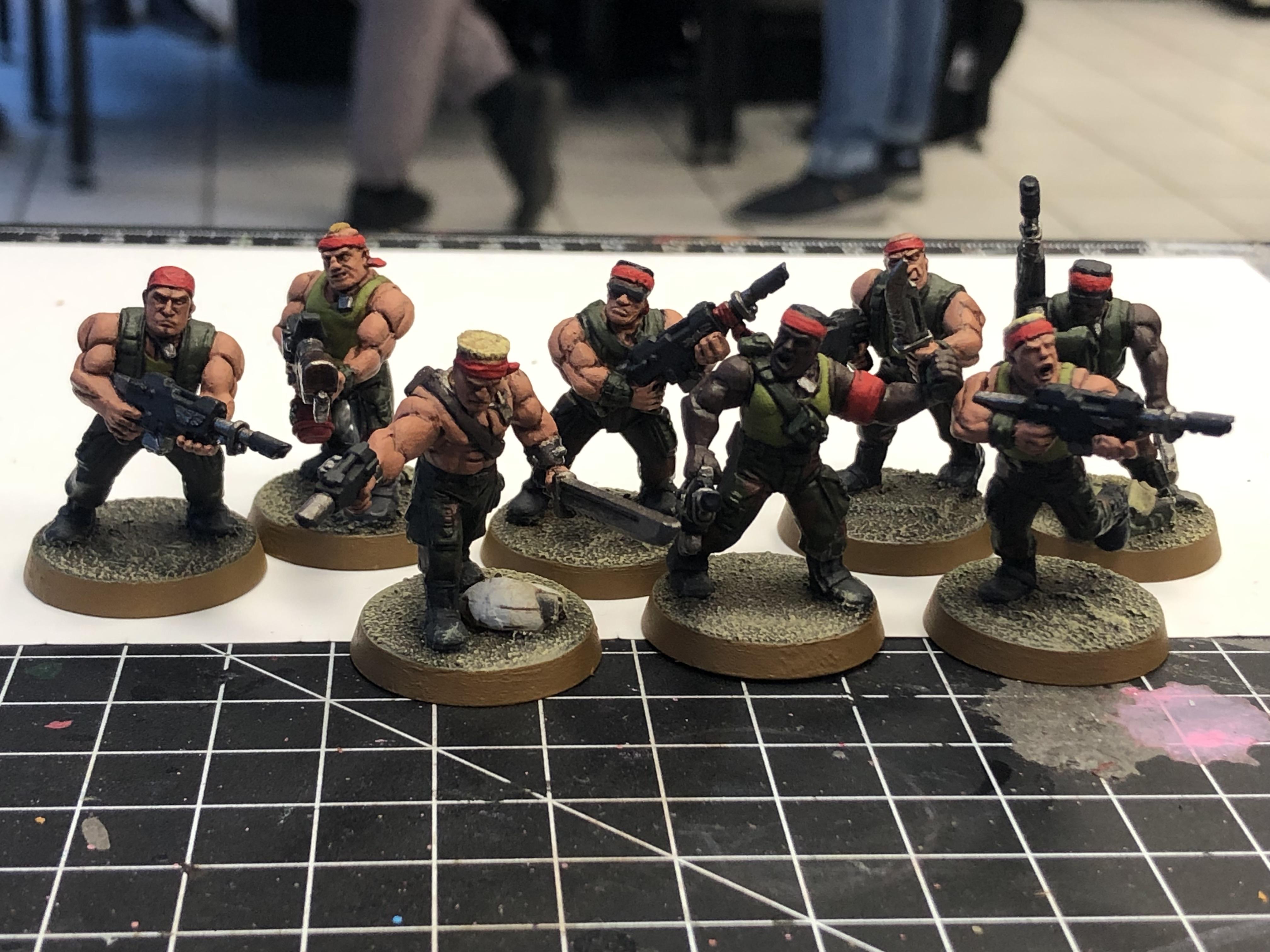 Astra Militarum, Blonde, Camouflage, Catachan, Catachan Jungle Fighters, Caucasian, Dark Skin, Flamer, Headband, Imperial Guard, Jungle, Lasgun, Laspistol, Red, Retro, Sergeant, Squad, Vox