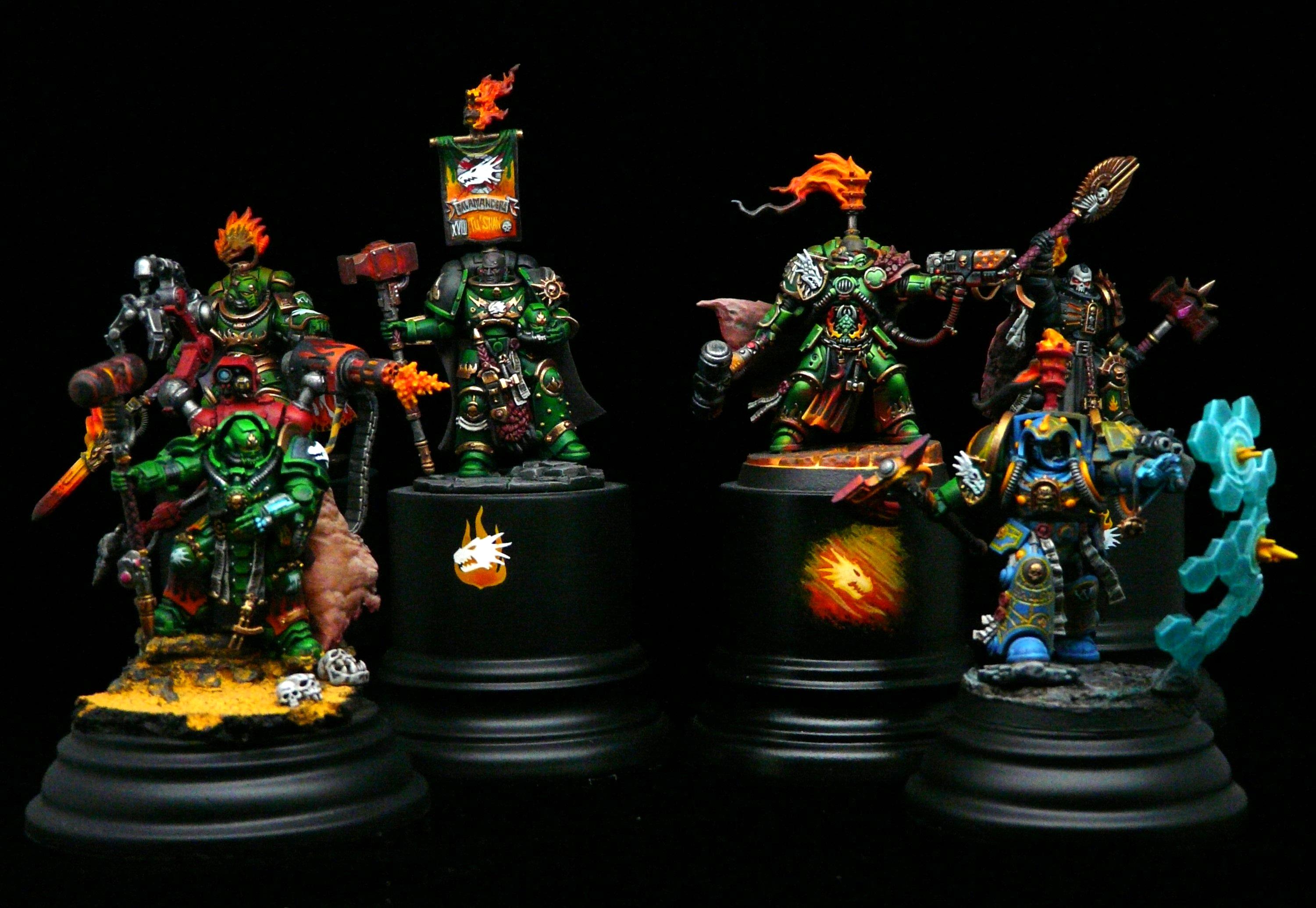 Adeptus Astartes, Adrax Agatone, Chaplain Xavier, Father Of The Forge, Kitbash, Librarian, Primaris, Salamanders, Space Marines, Techmarine, Tu'shan, Vulkan He'stan