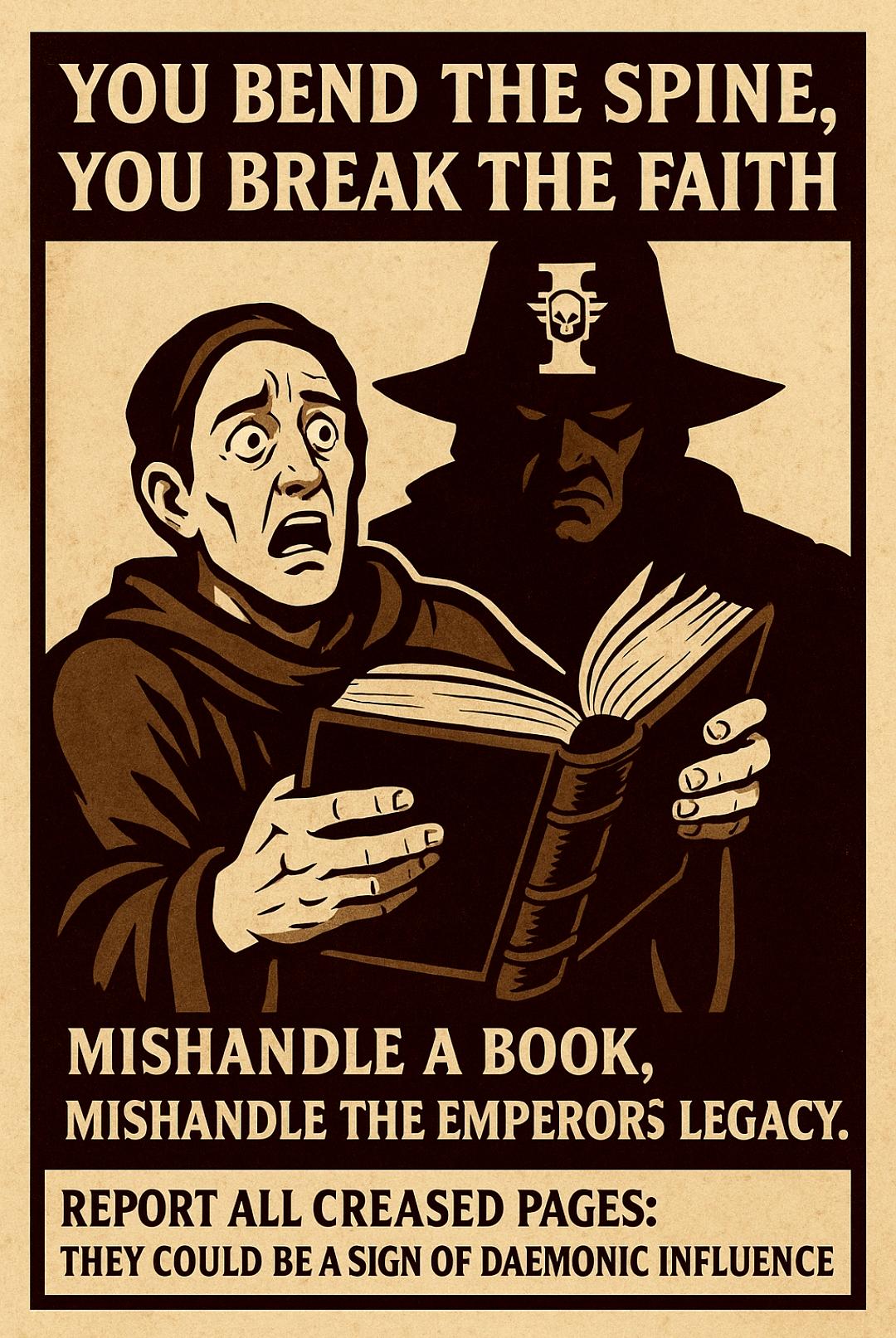 Ai Generated, Book, Codex, Emperor, Faith, Heresticus, Humor, Imperial, Inquisition, Inquisitor, Poster, Propaganda, Warhammer 40,000