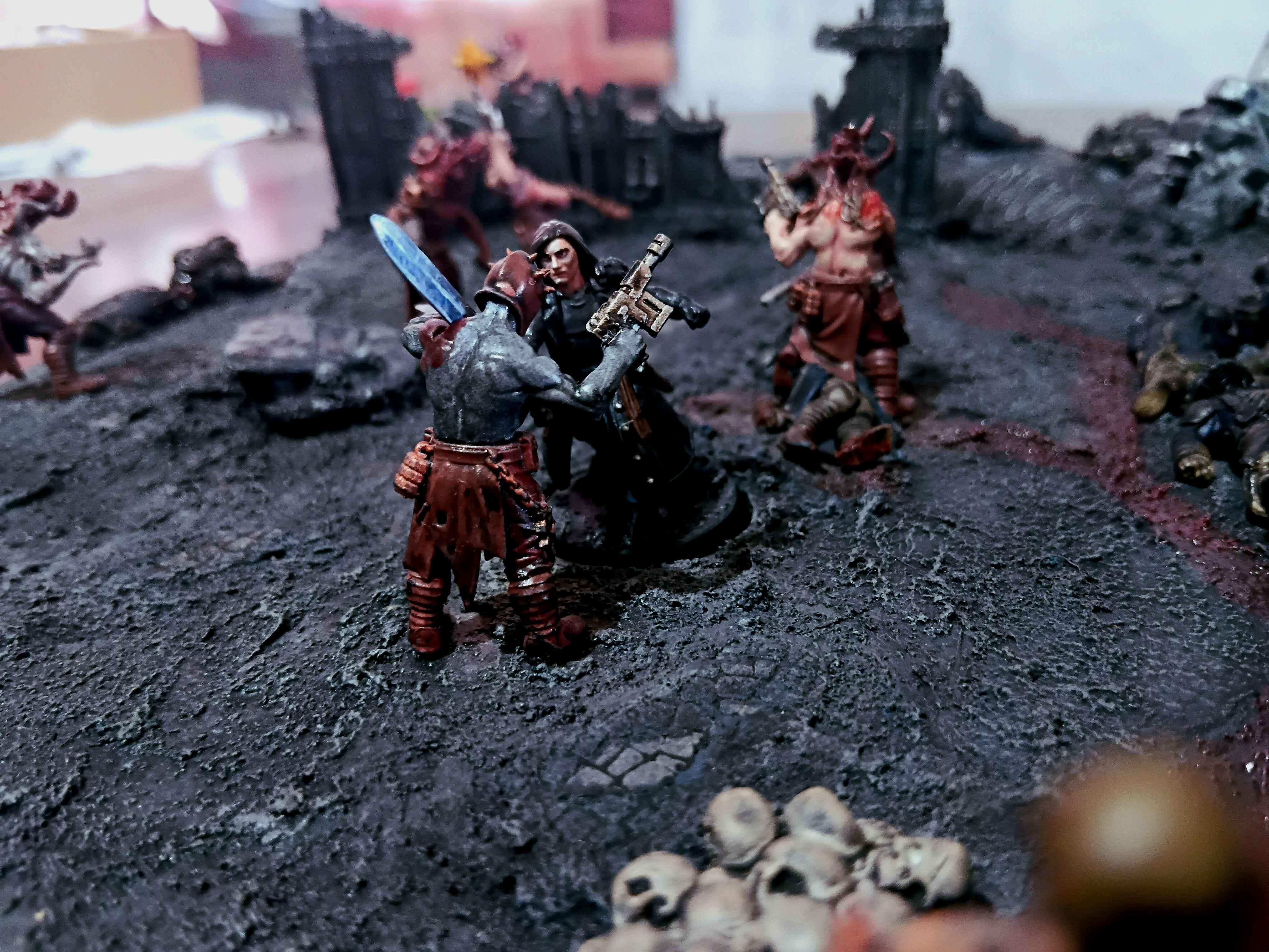 Action, Adelana Helgen, Attack, Attelus Kaltos, Battlezone, Chaos, Cultists, Dark Heresy, Death Korps of Krieg, Diorama, Grimdark, Inquisition, Ordo Hereticus, Secret War, Skirmish, War, Warhammer 40,000, Warzone