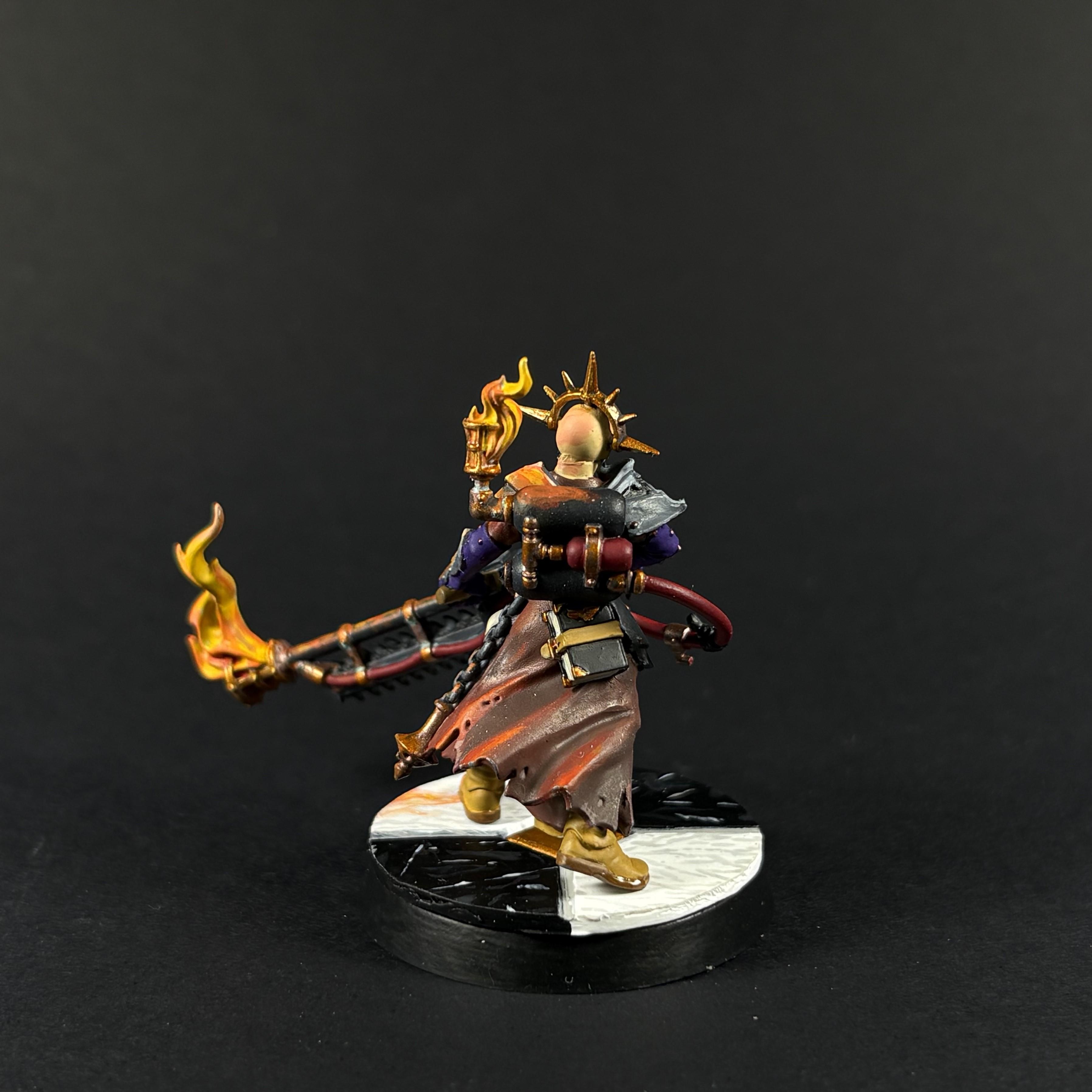 Blackstone Fortress, Flames, Imperium, Ministorum Priest With Vindicator, Non-Metallic Metal, Object Source Lighting, Pious Vorne, Sisters Of Battle, Suffer Not, Warhammer 40,000