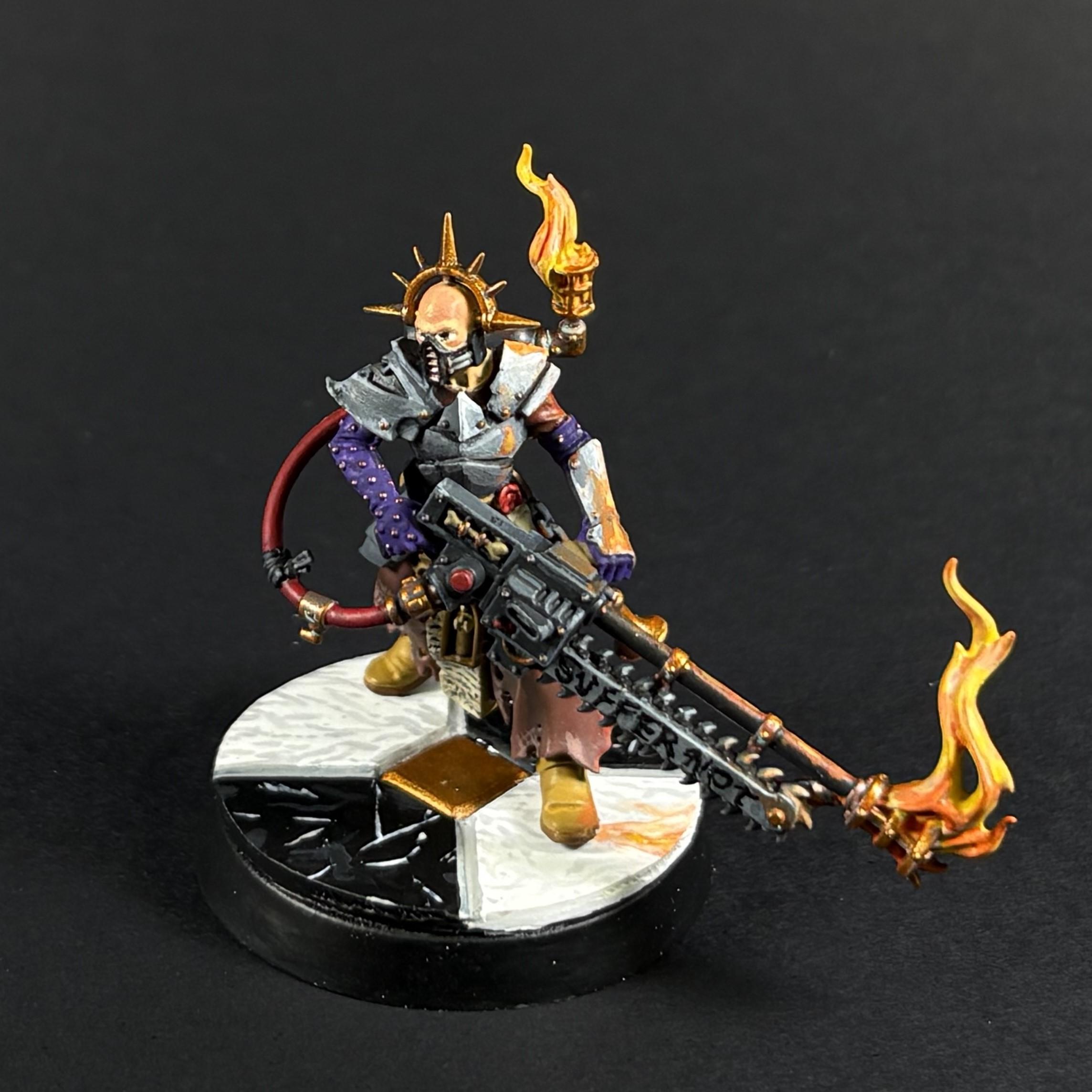 Blackstone Fortress, Flames, Imperium, Ministorum Priest With Vindicator, Non-Metallic Metal, Object Source Lighting, Pious Vorne, Sisters Of Battle, Suffer Not, Warhammer 40,000