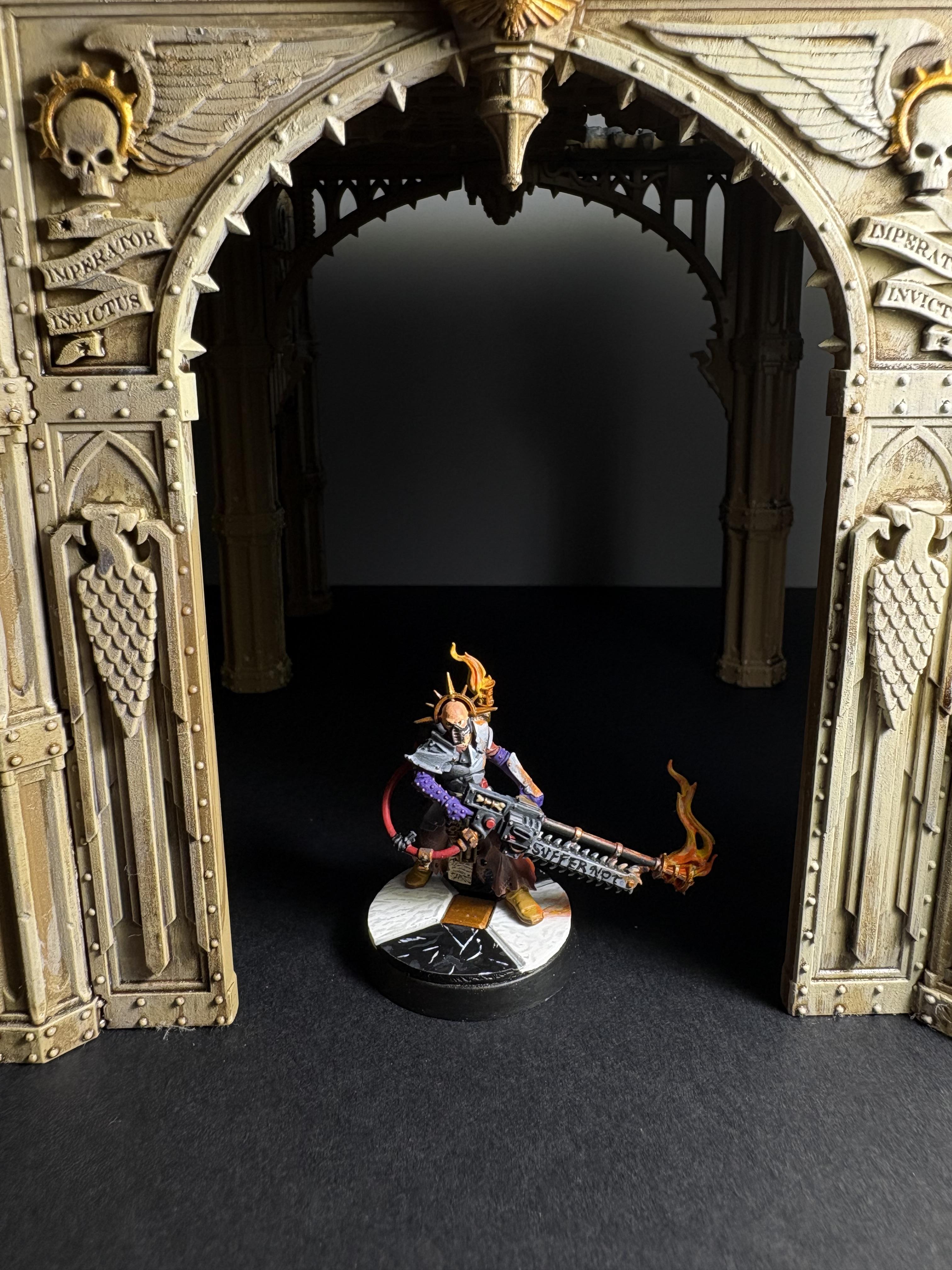 Blackstone Fortress, Flames, Imperium, Ministorum Priest With Vindicator, Non-Metallic Metal, Object Source Lighting, Pious Vorne, Sisters Of Battle, Suffer Not, Warhammer 40,000