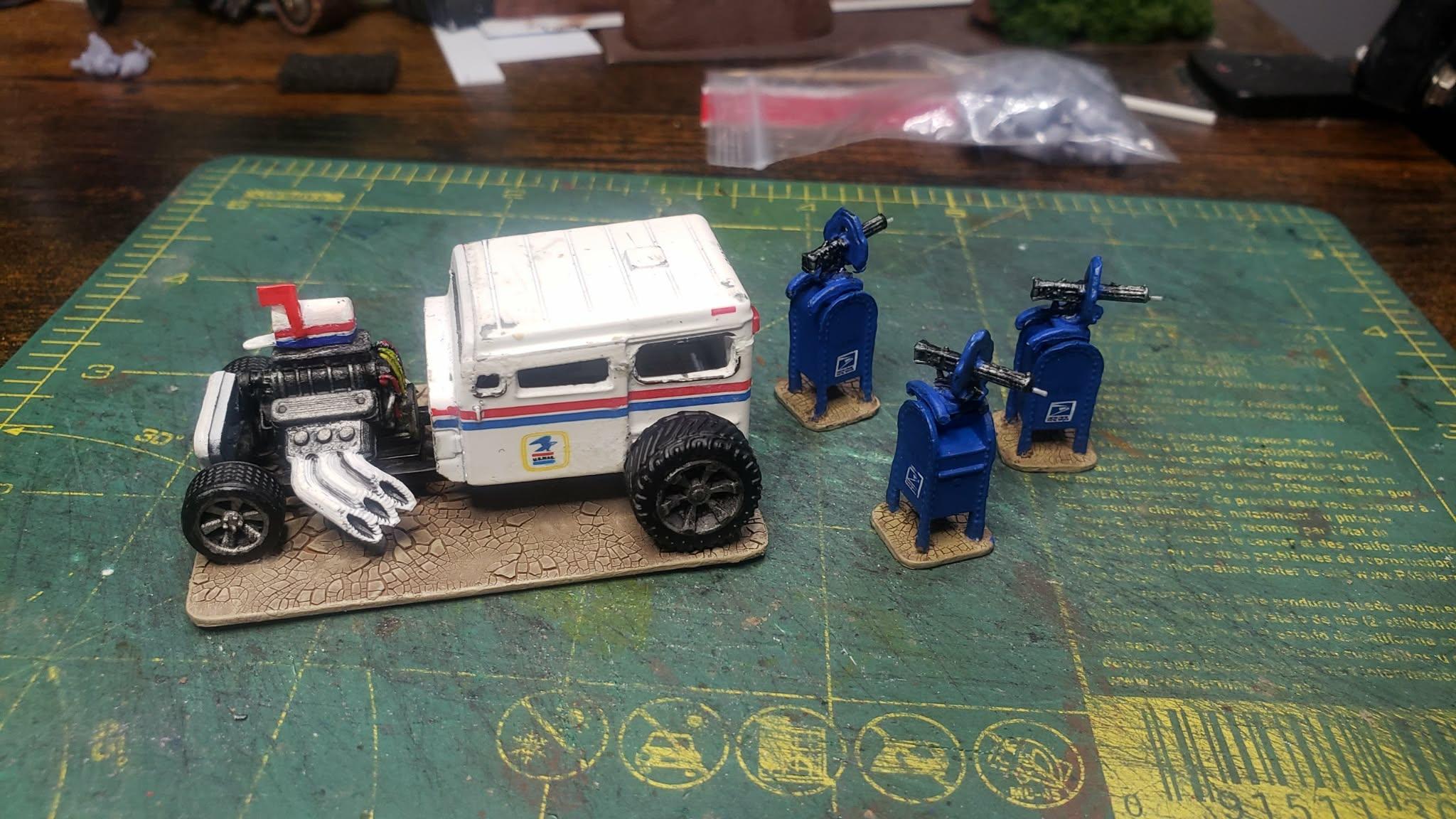 Battle Cars, Car Wars, Cars, Conversion, Gaslands, Hot Rod, Hot Wheels, Jeep, Mad Max, Mailbox, Matchbox, Post Office, Post-apocalyptic, Rat Rod, Sentry Guns, Usps